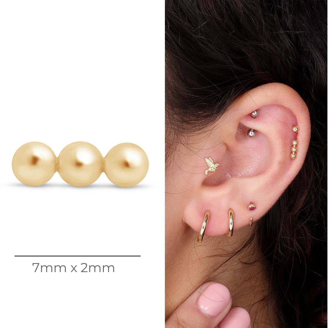 Three Bead Bar Flat Back Stud in Solid 14k Yellow Gold