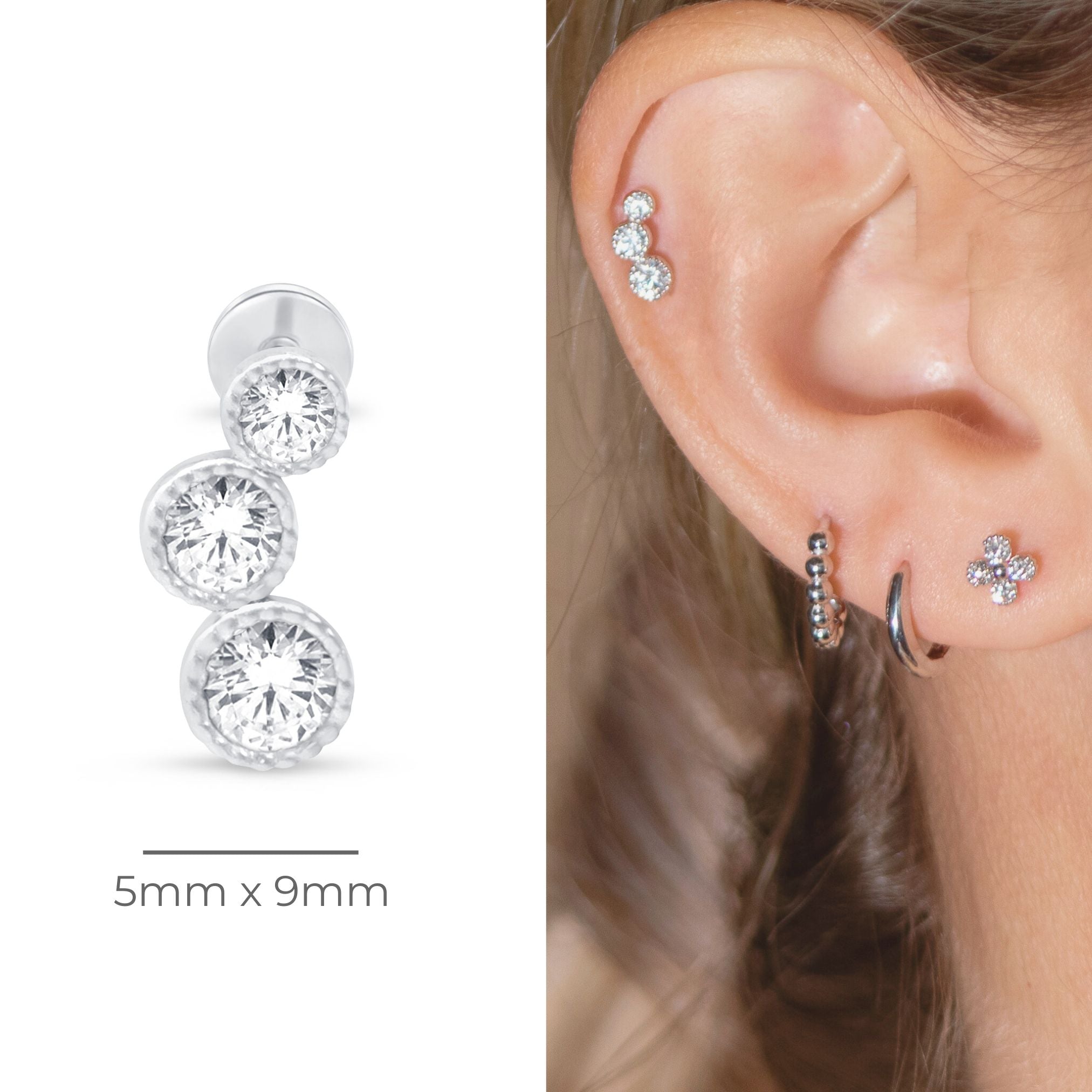 Graduated Gemstone Flat Back Stud Milgrain Set in Solid 14k White Gold