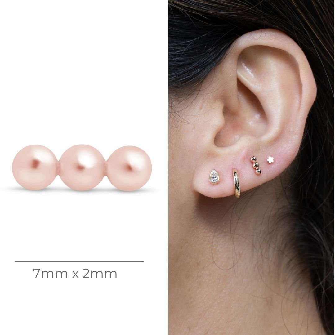 Three Bead Bar Flat Back Stud in Solid 14k Rose Gold