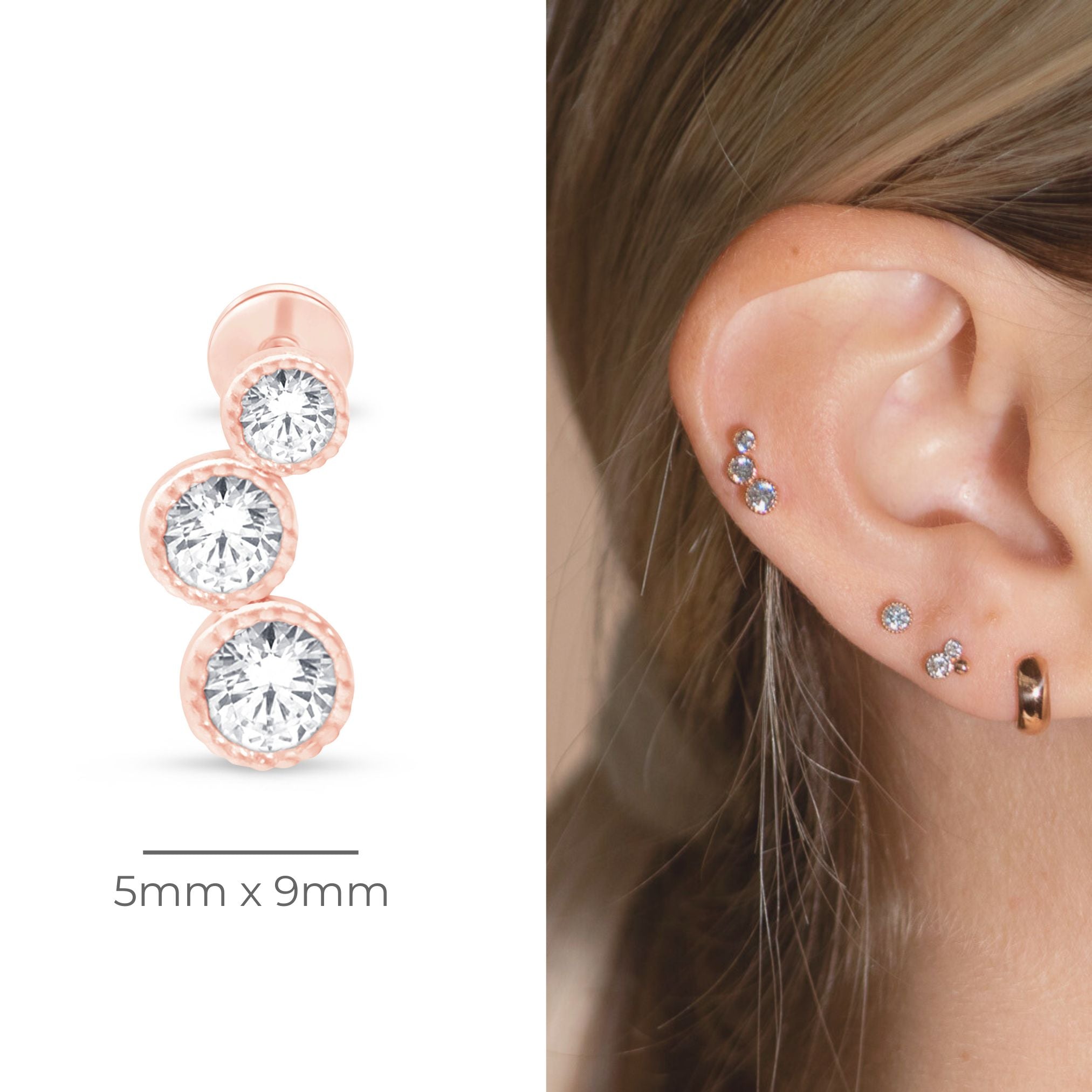 Graduated Gemstone Flat Back Stud Milgrain Set in Solid 14k Rose Gold