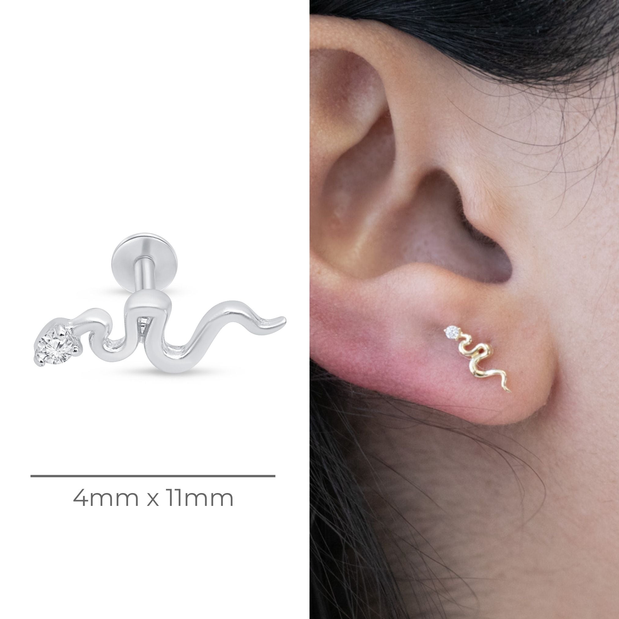 Snake Flat Back Stud with Stone in Solid 14k White Gold