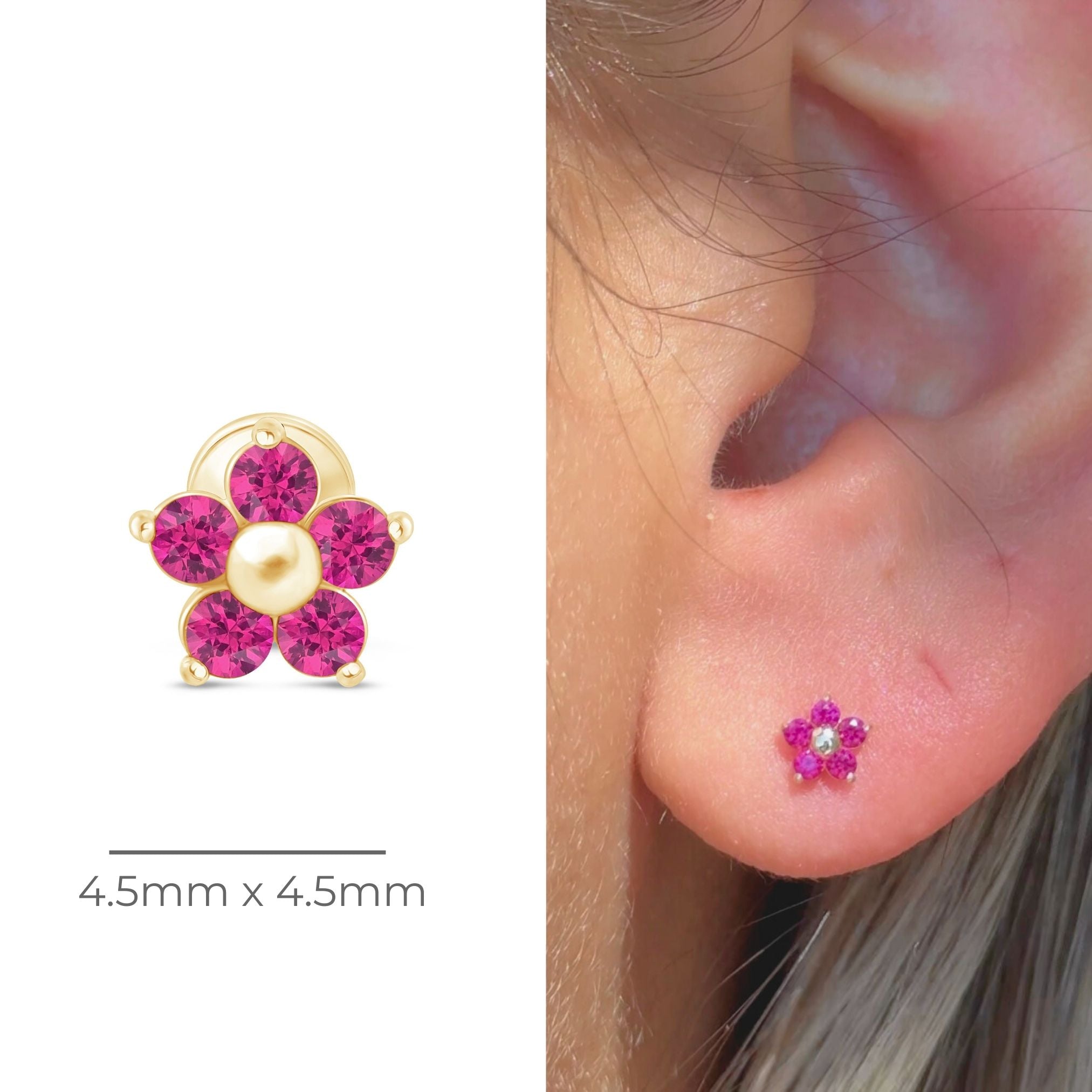 Ruby Flower Flat Back Stud in Solid 14k Yellow Gold