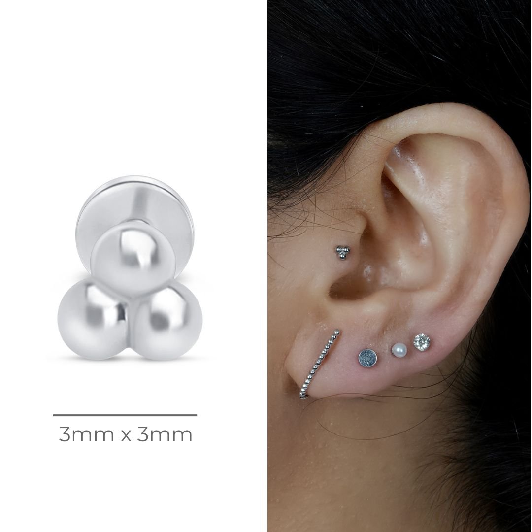Trinity Beaded Cluster Flat Back Stud in Solid 14k White Gold