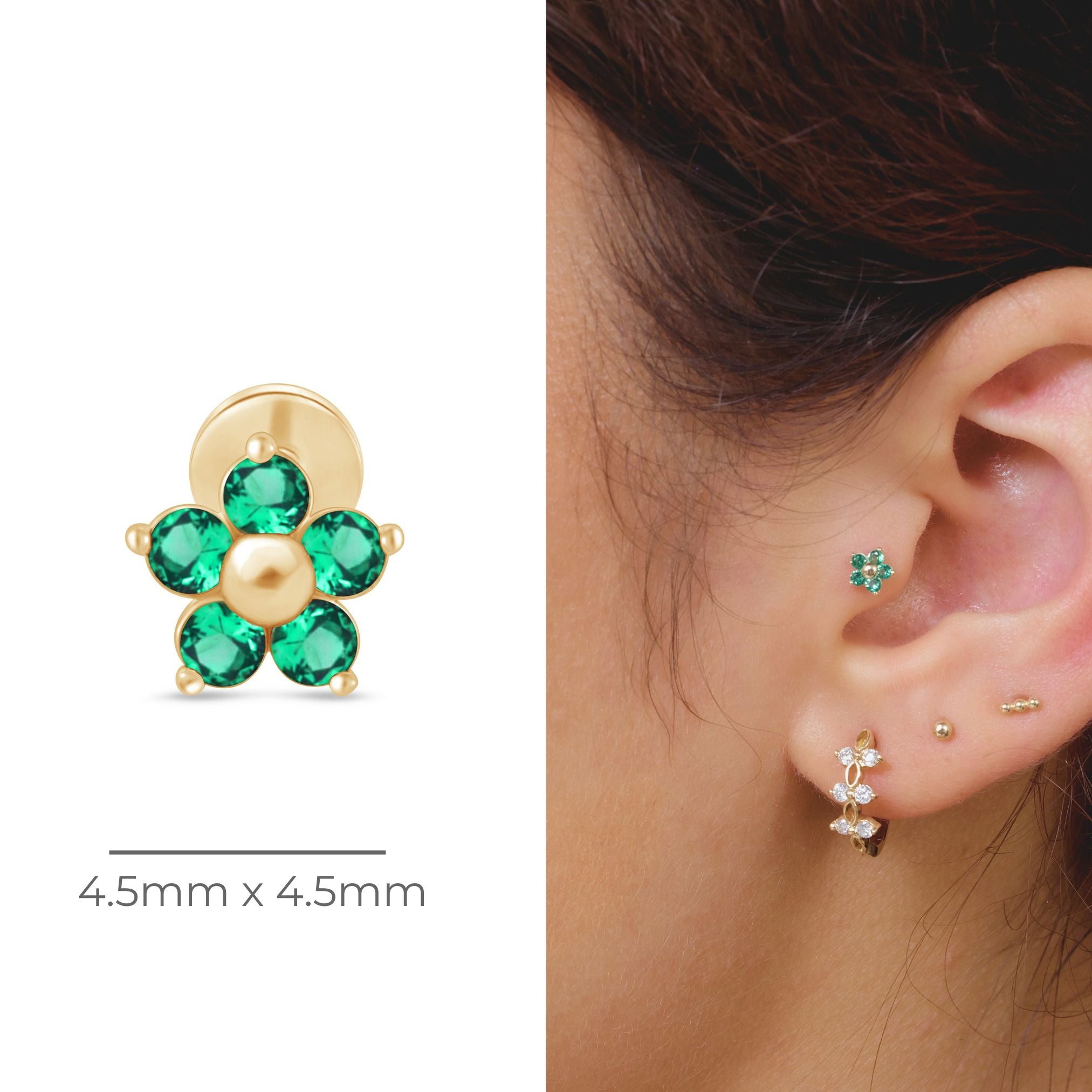 Emerald Flower Flat Back Stud in Solid 14k Yellow Gold