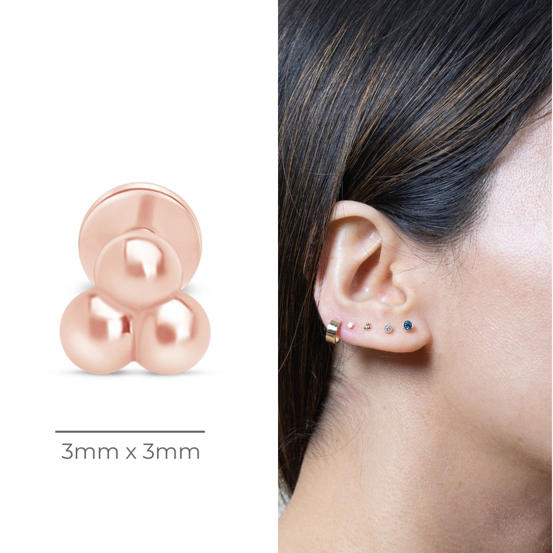 Trinity Beaded Cluster Flat Back Stud in Solid 14k Rose Gold