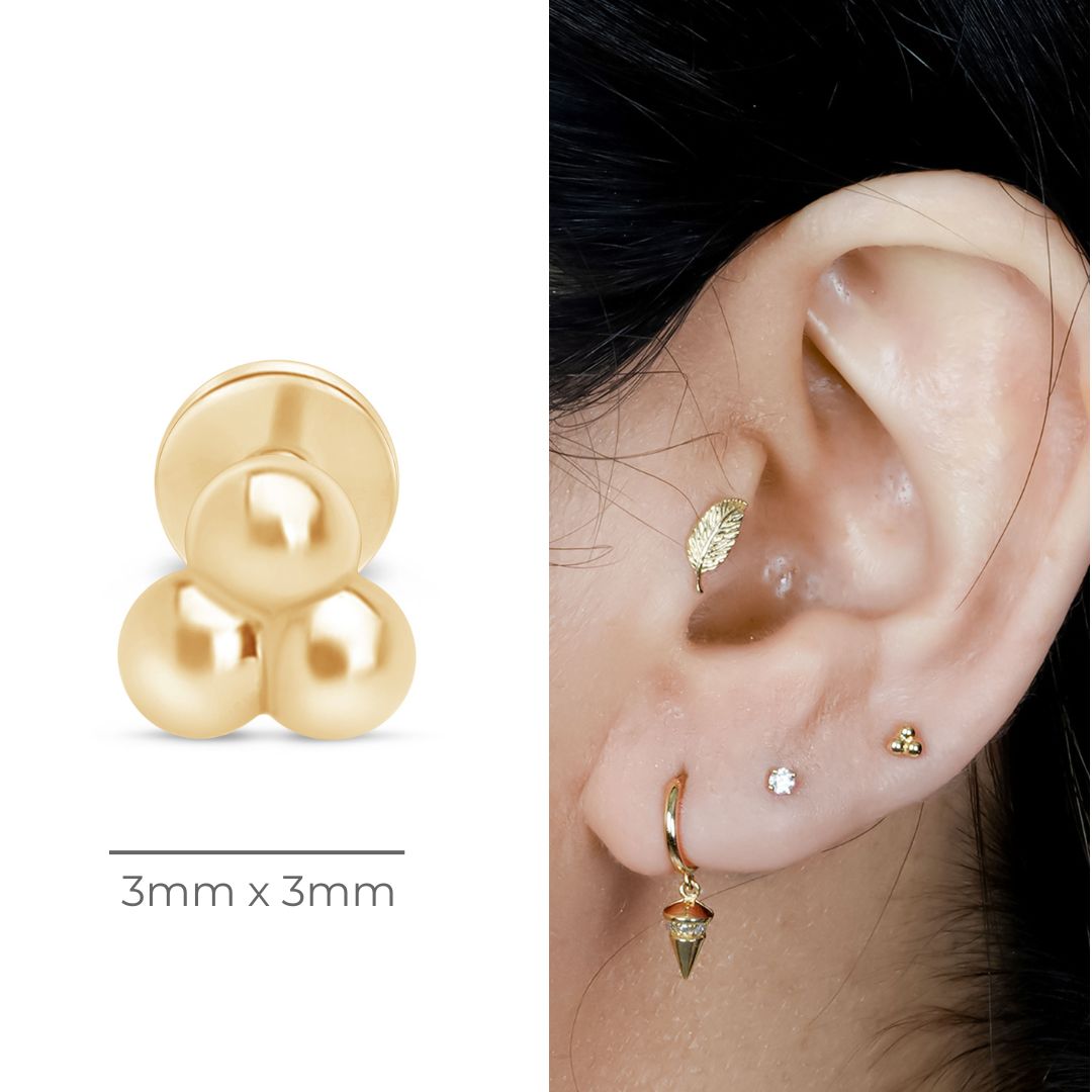 Trinity Beaded Cluster Flat Back Stud in Solid 14k Yellow Gold