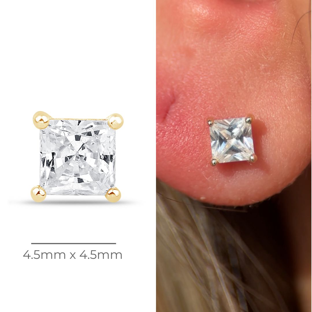 Cubic Zirconia Princess Cut Flat Back Stud in Solid 14k Yellow Gold