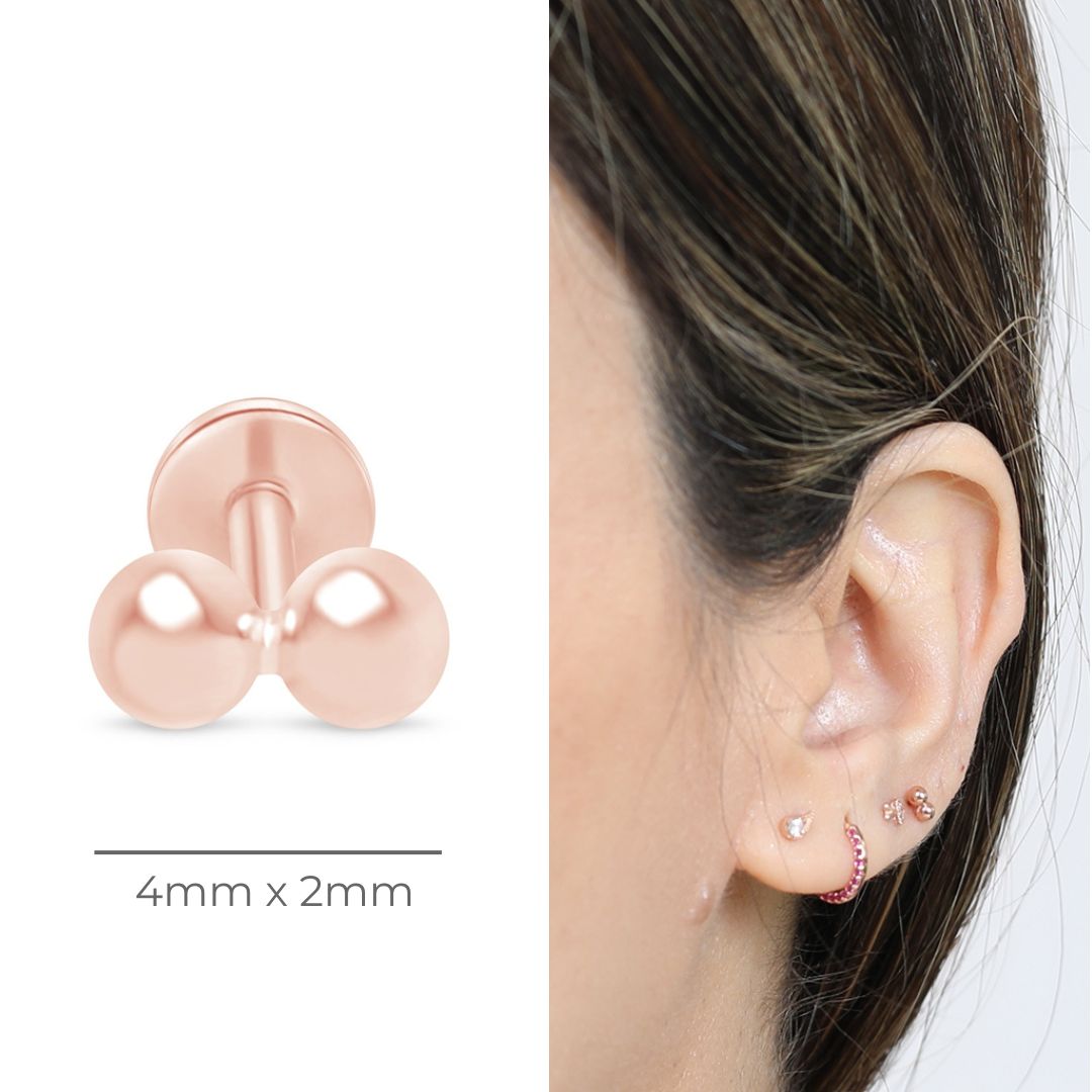 Double Ball Flat Back Stud in Solid 14k Rose Gold