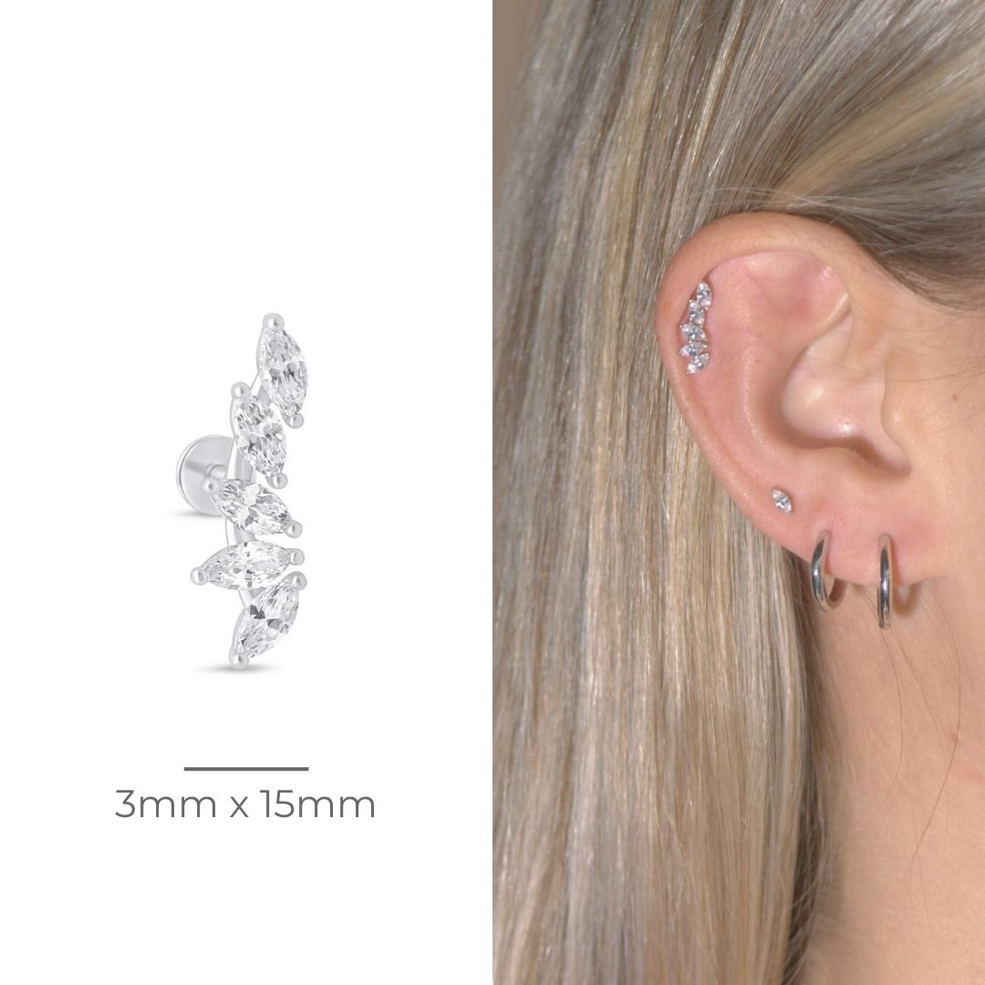 Marquise Wing Ear Climber Flat Back Stud in Solid 14k White Gold