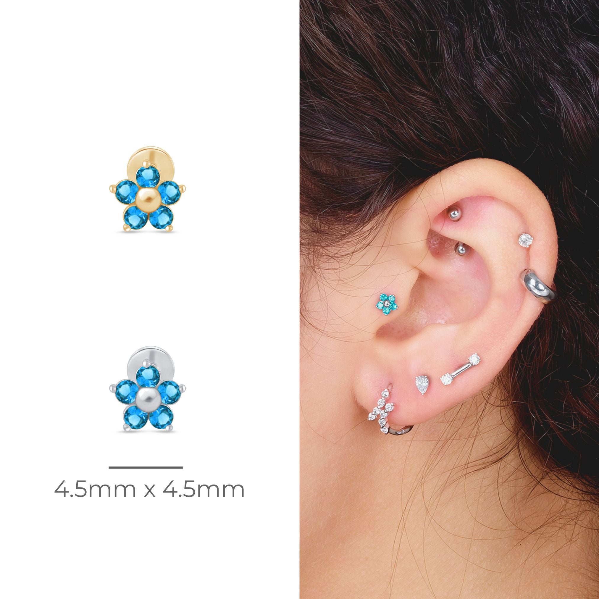 Blue Topaz Flower Flat Back Stud in Solid 14k White Gold