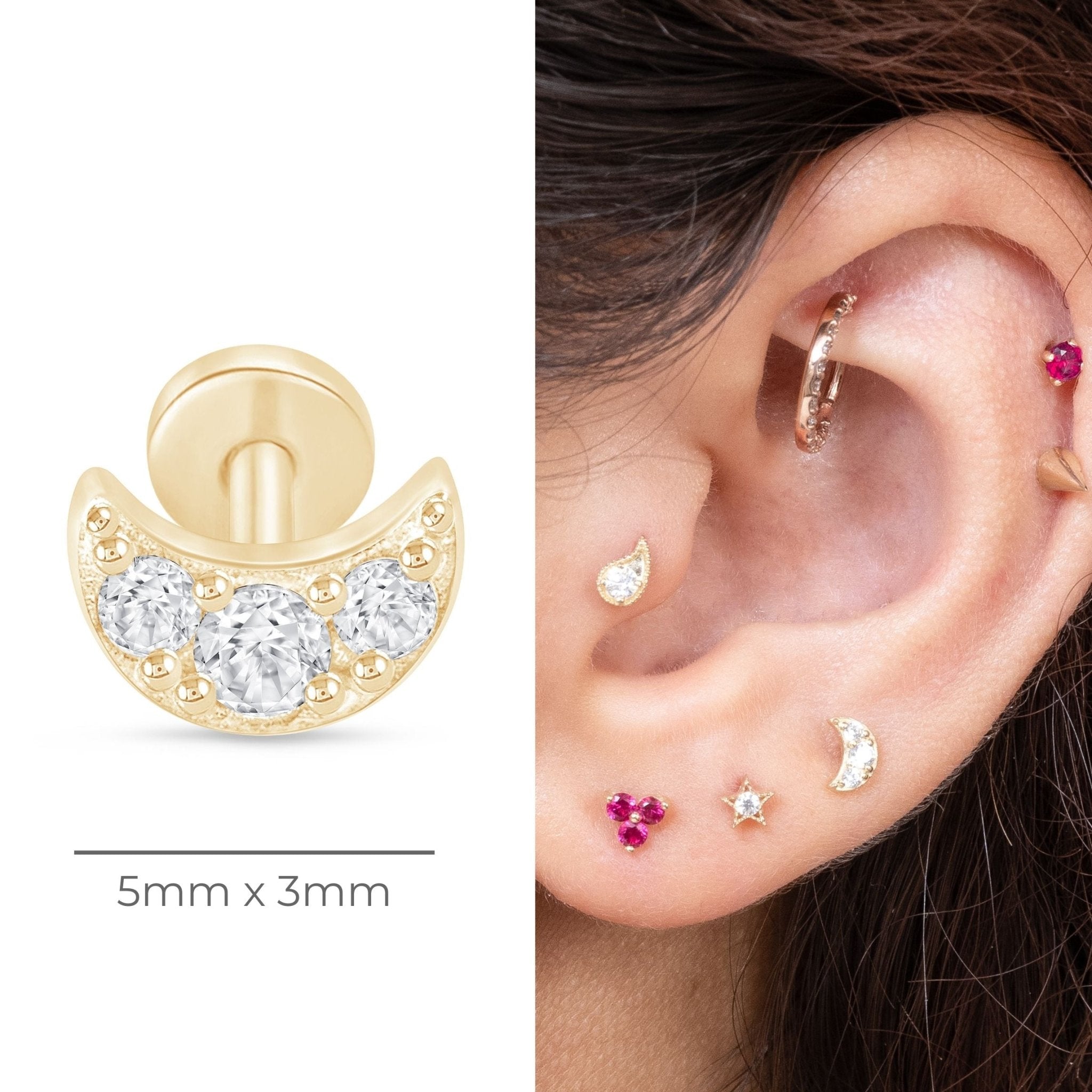 Gemstone Studded Crescent Moon Flat Back Stud in Solid 14k Yellow Gold