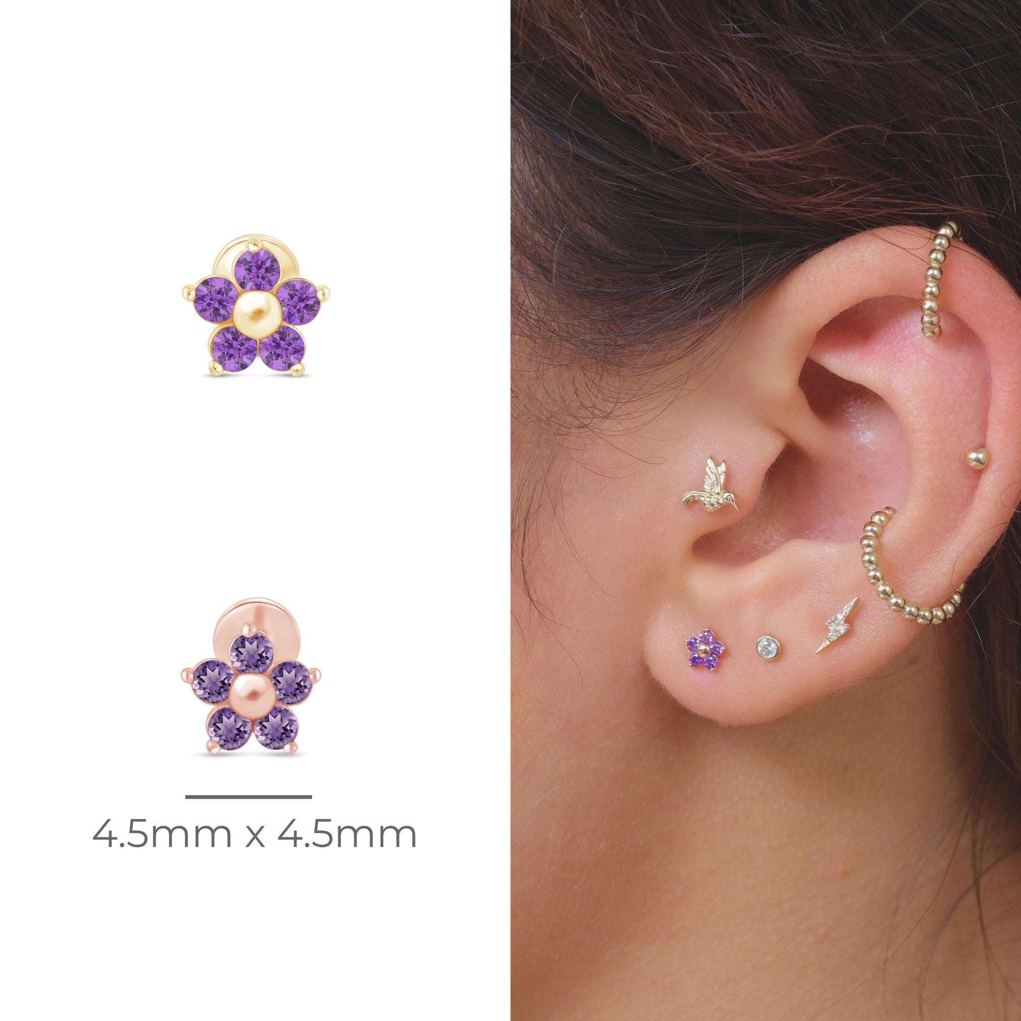 Amethyst Flower Flat Back Stud in Solid 14k Rose Gold