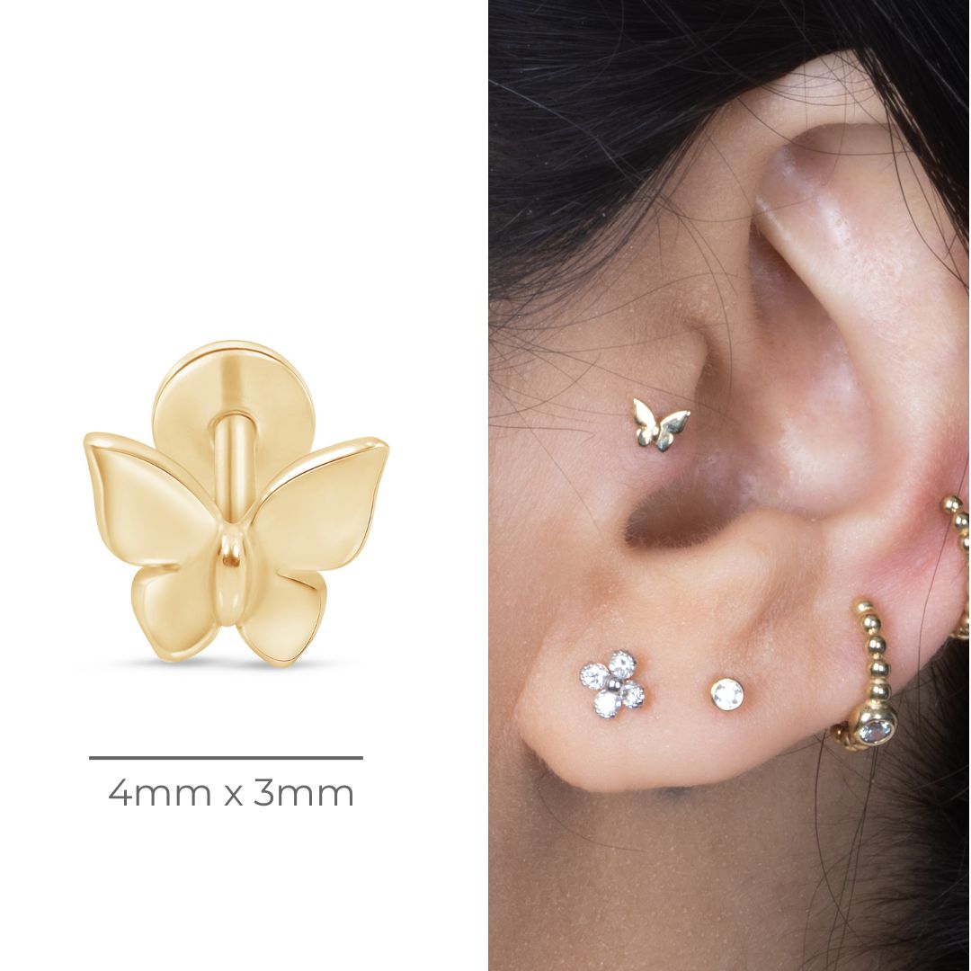 Butterfly Flat Back Stud in Solid 14k Yellow Gold