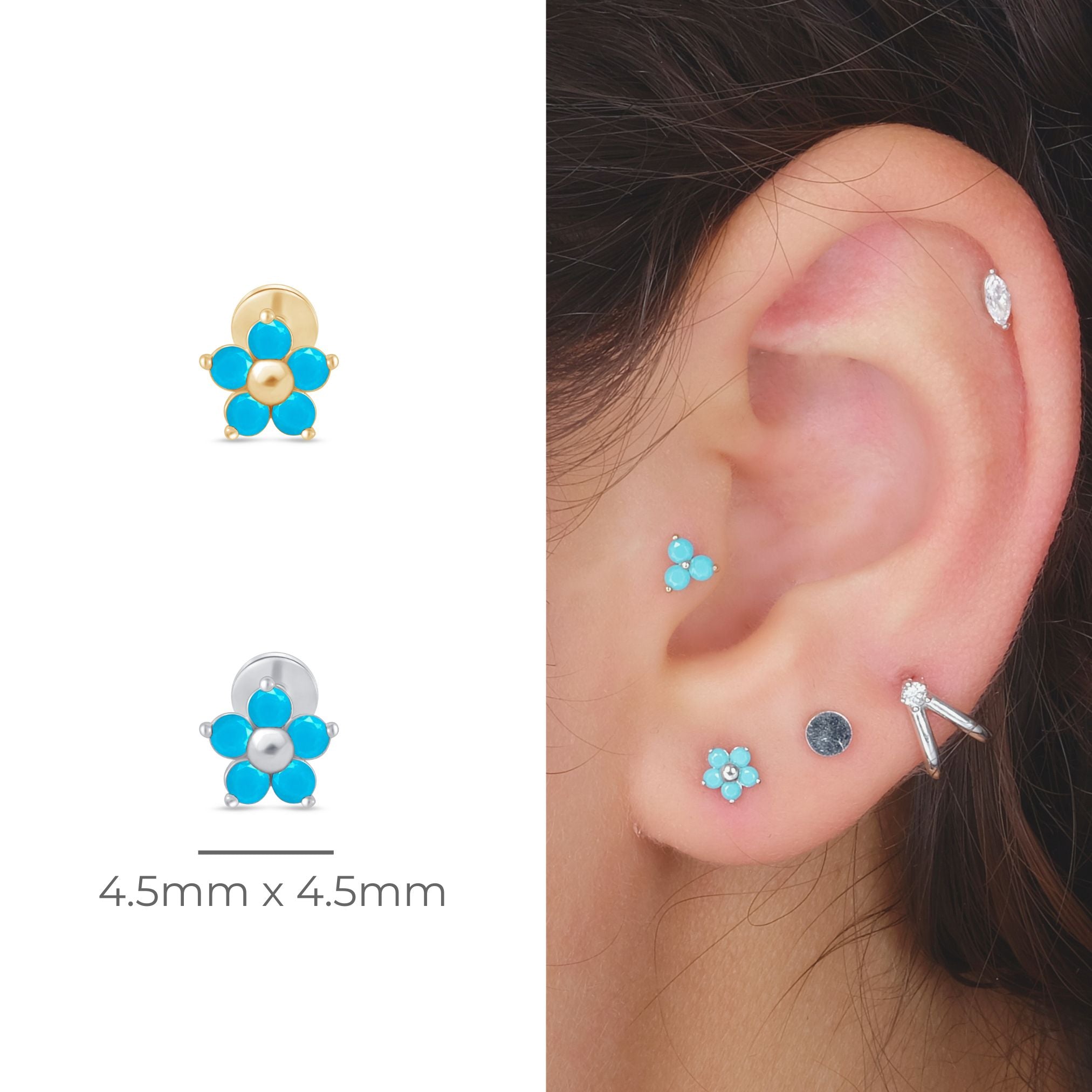 Turquoise Flower Flat Back Stud in Solid 14k White Gold