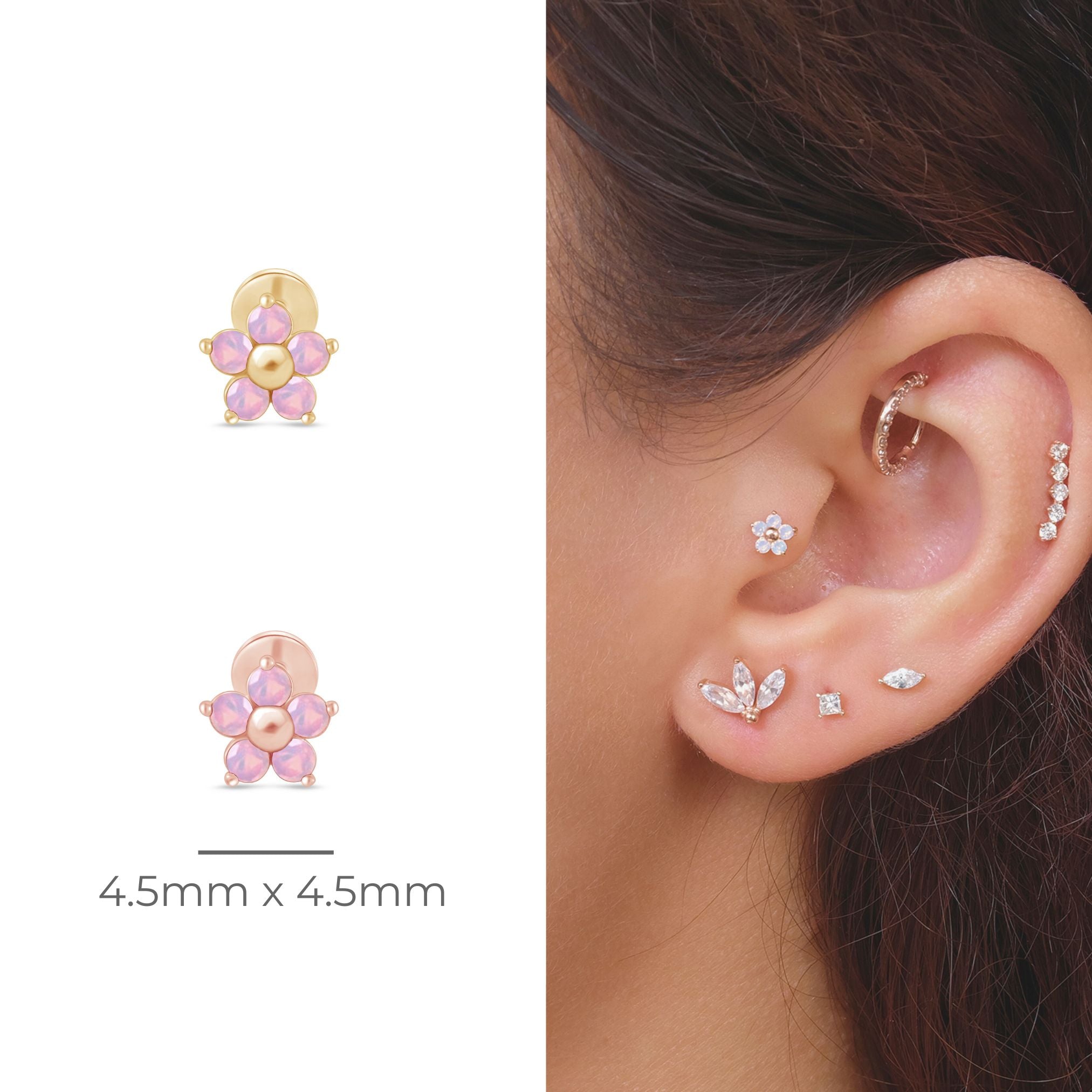 Pink Opal Flower Flat Back Stud in Solid 14k Rose Gold