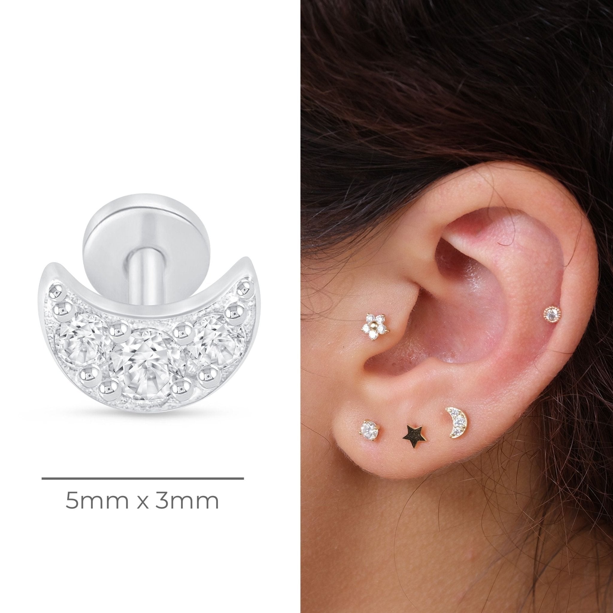 Stone Studded Crescent Moon Flat Back Stud in Solid 14k White Gold