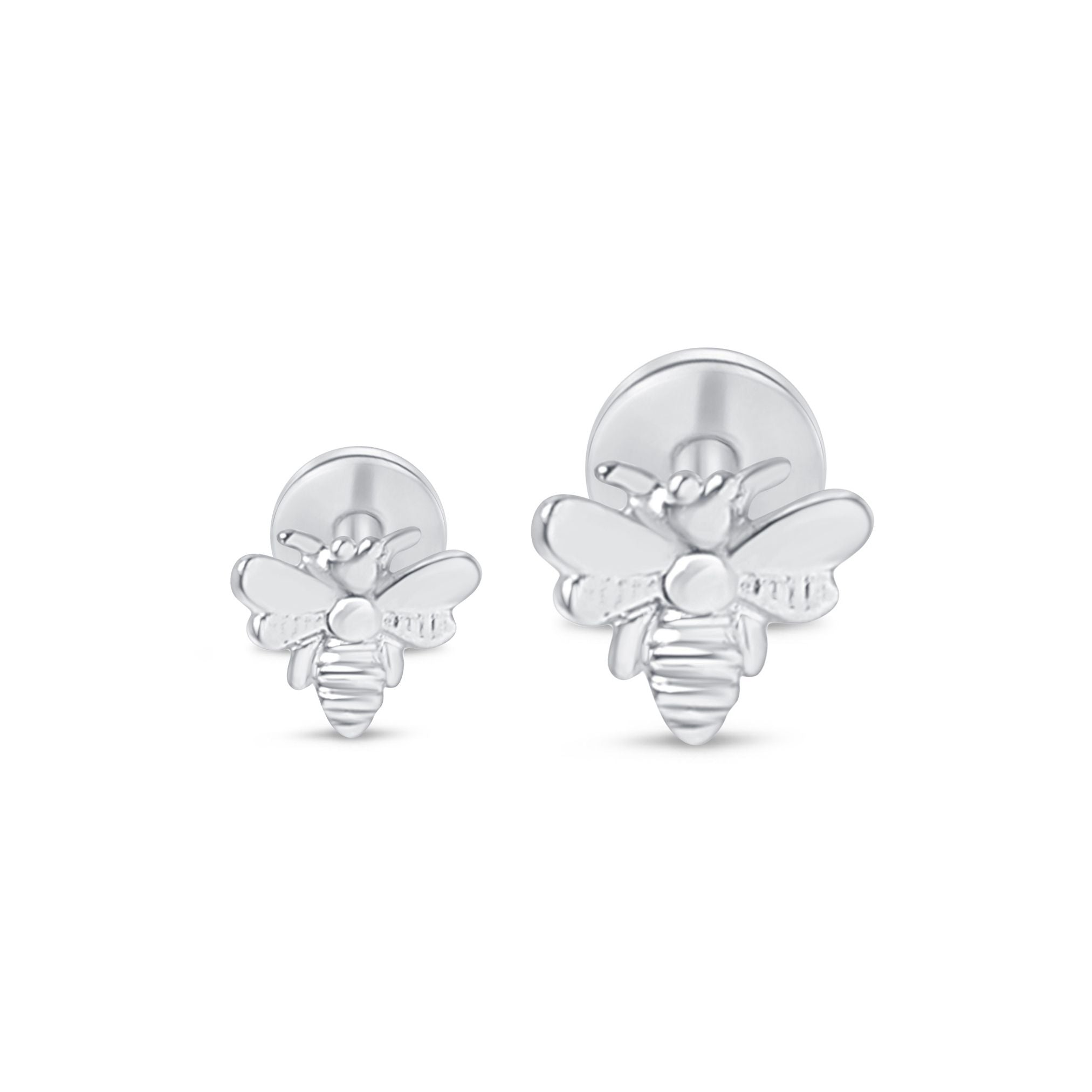 Minimalist Bee Flat Back Stud in Solid 14k White Gold