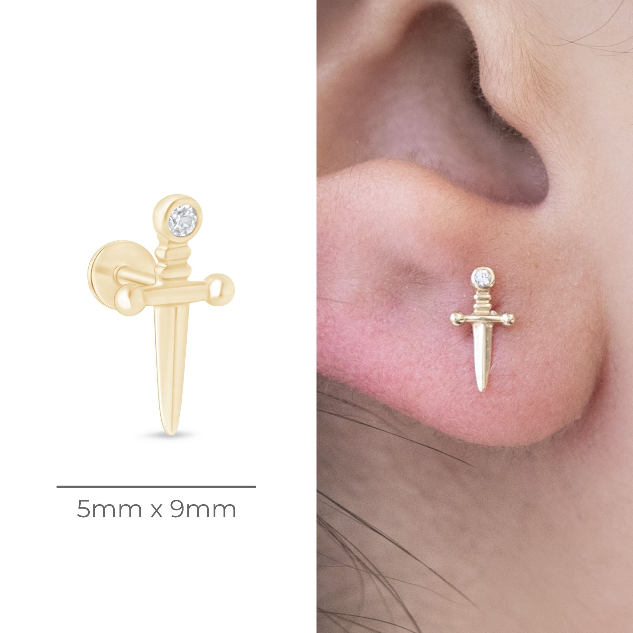 Gemstone Dagger Flat Back Stud in Solid 14k Yellow Gold