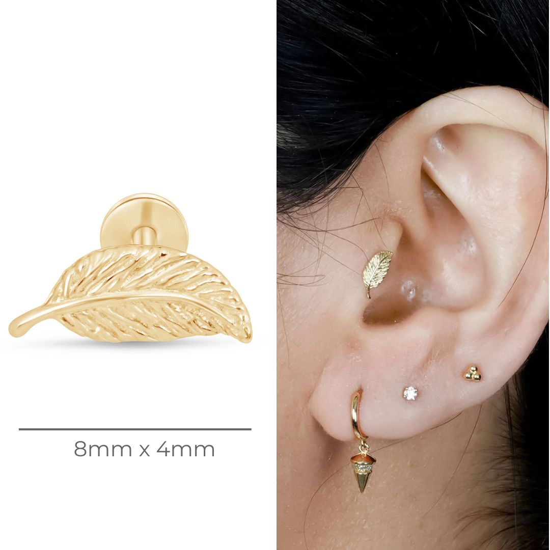 Leaf Flat Back Stud in Solid 14k Yellow Gold