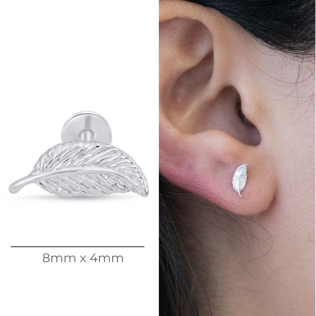 Leaf Flat Back Stud in Solid 14k White Gold