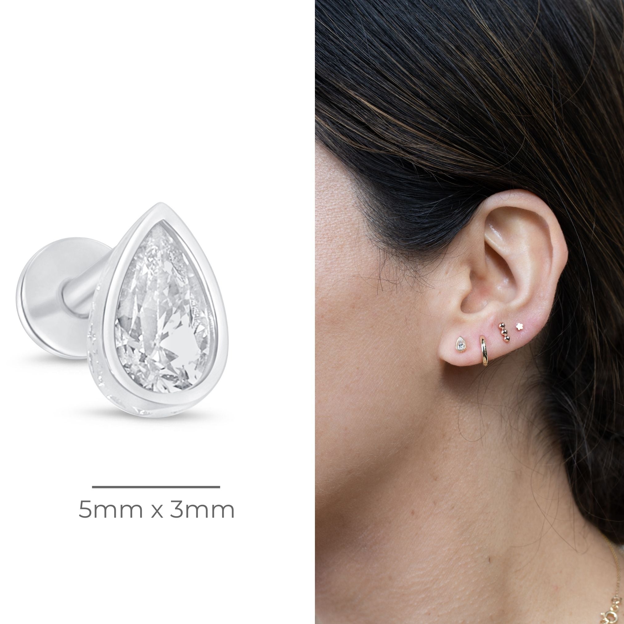 Pear Cut Cubic Zirconia Flat Back Stud in Solid 14k White Gold
