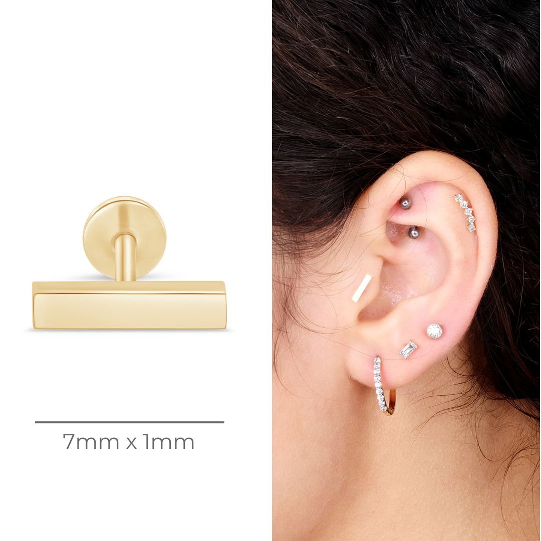 Gold Bar Flat Back Stud in Solid 14k Yellow Gold