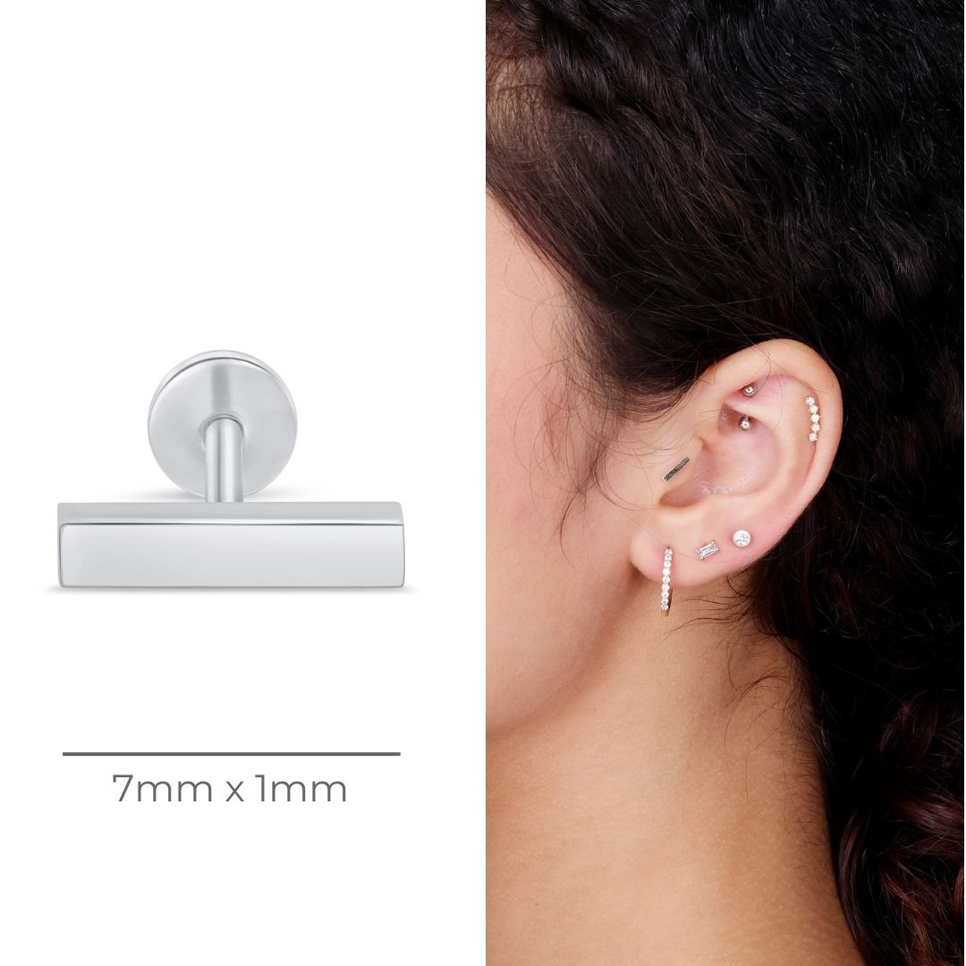 Gold Bar Flat Back Stud in Solid 14k White Gold