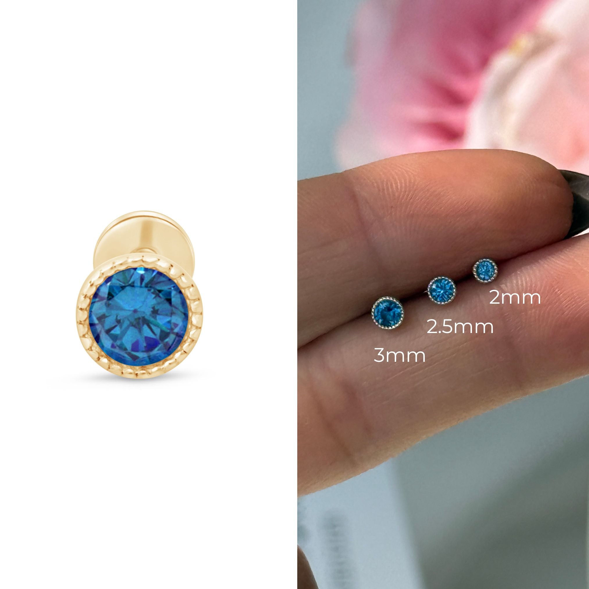 London Blue Topaz Flat Back Stud Milgrain Set in Solid 14k Yellow Gold