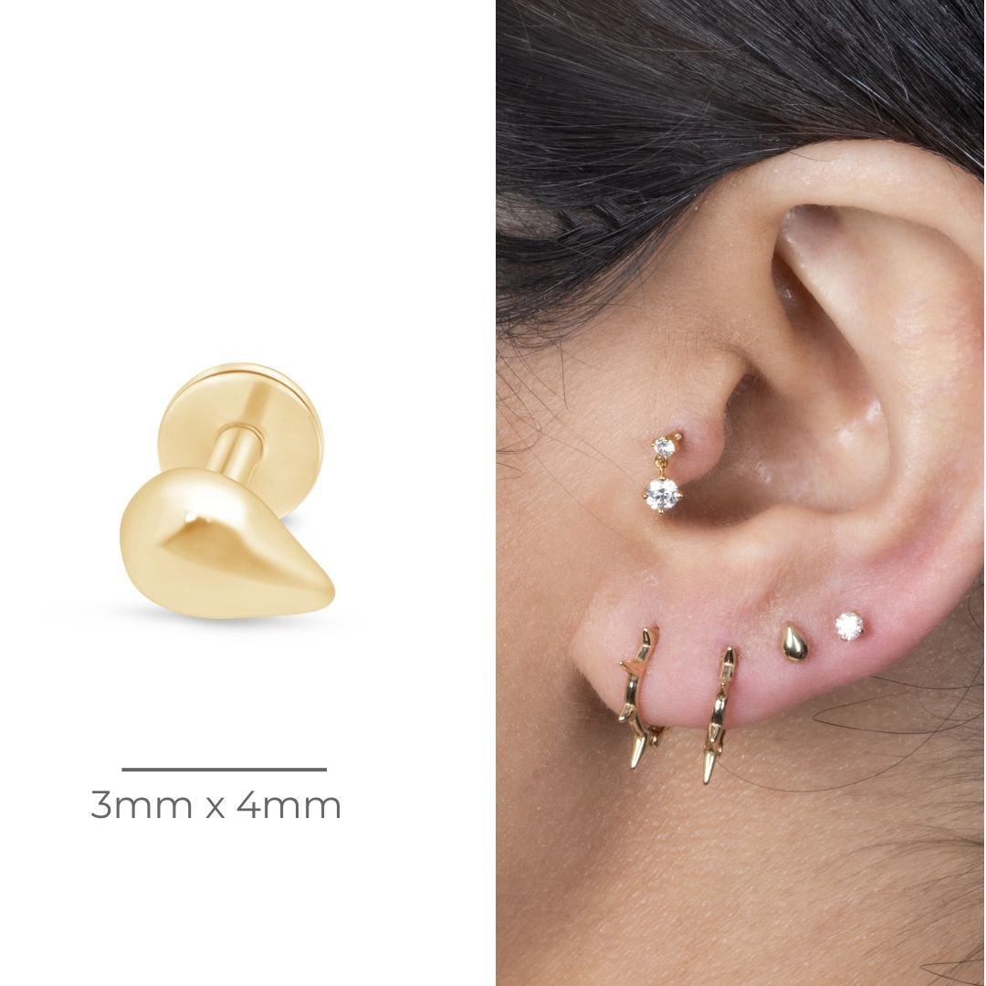 Teardrop Threaded Stud Flat Back Stud in Solid 14k Yellow Gold