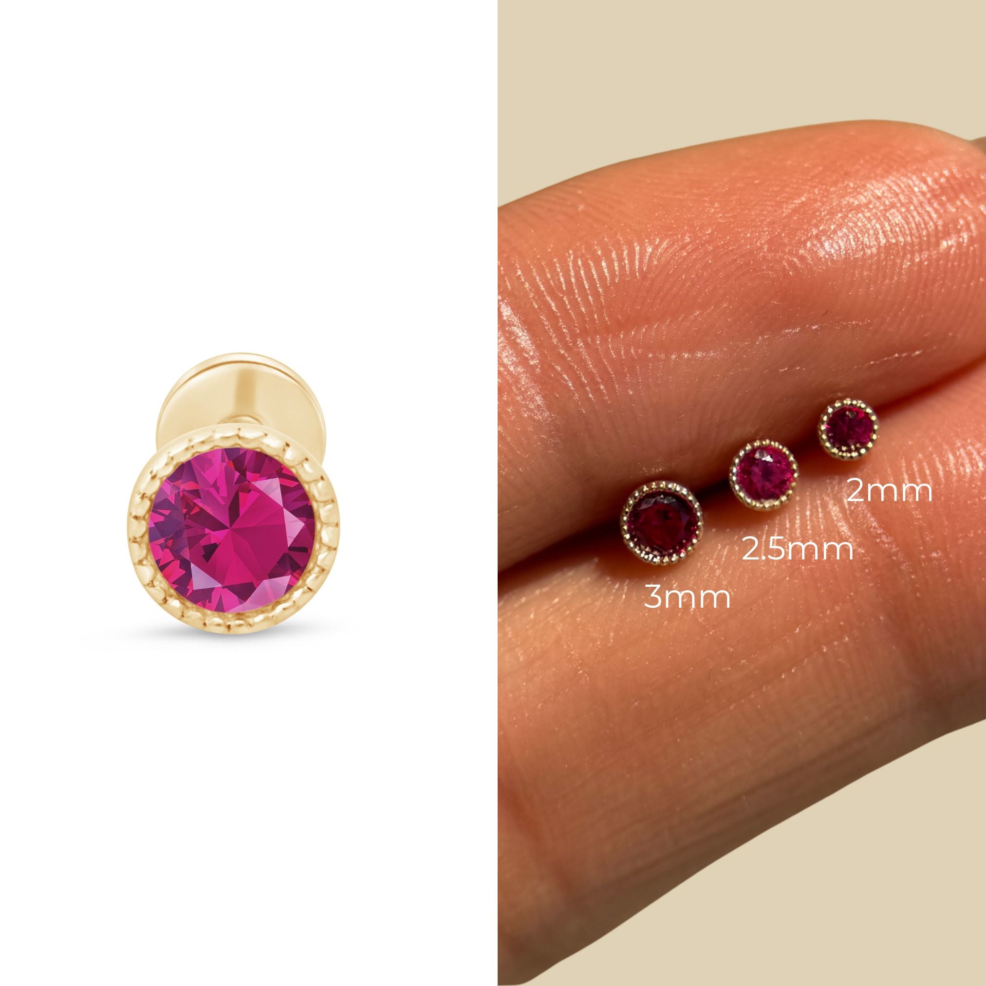 Ruby Flat Back Stud Milgrain Set in Solid 14k Yellow Gold