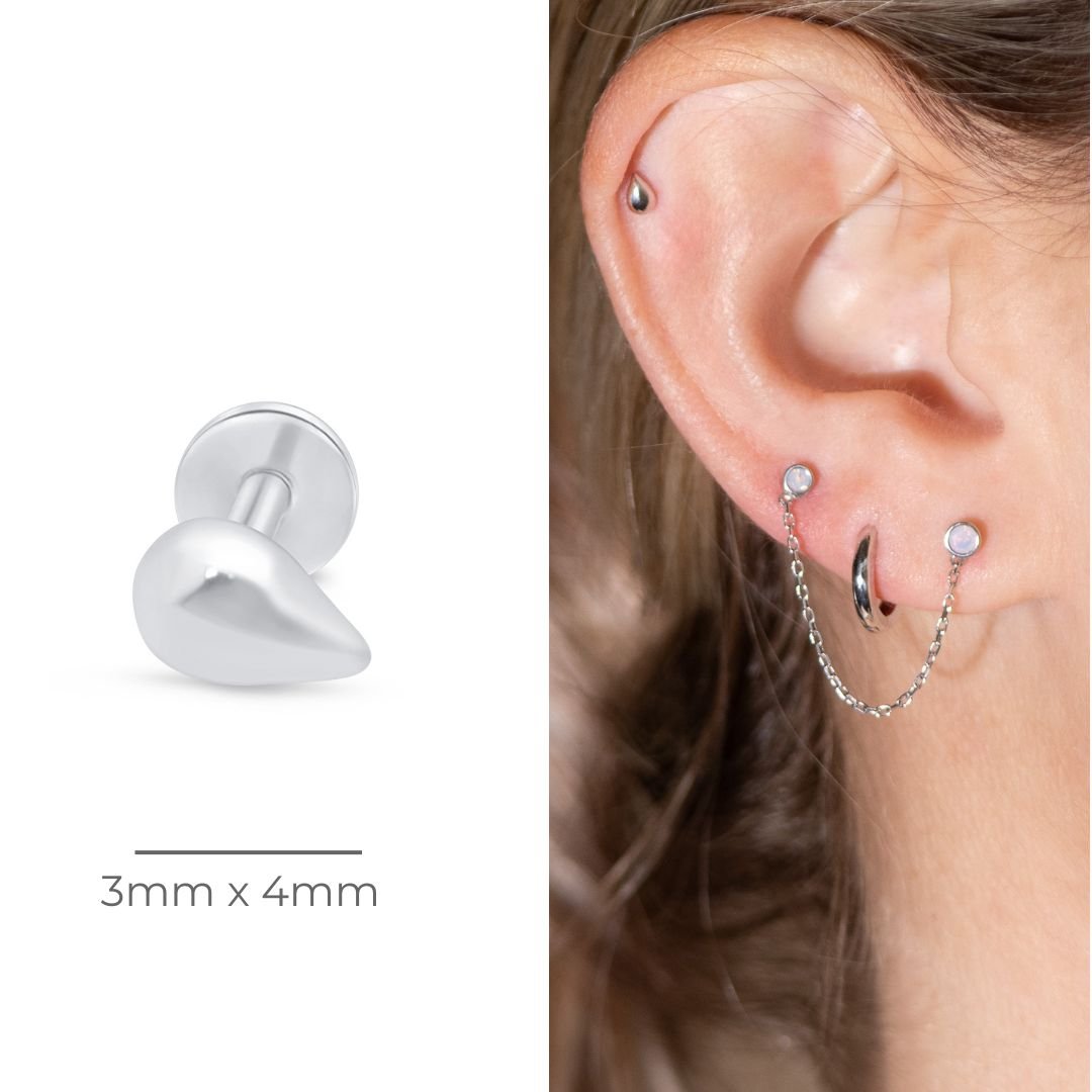 Teardrop Threaded Flat Back Stud in Solid 14k White Gold