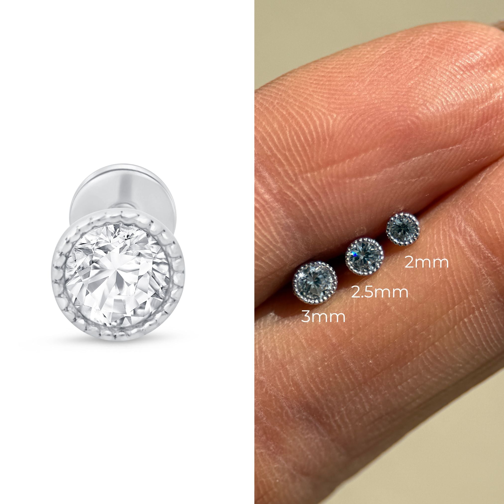 Gemstone Flat Back Stud Milgrain Set in Solid 14k White Gold