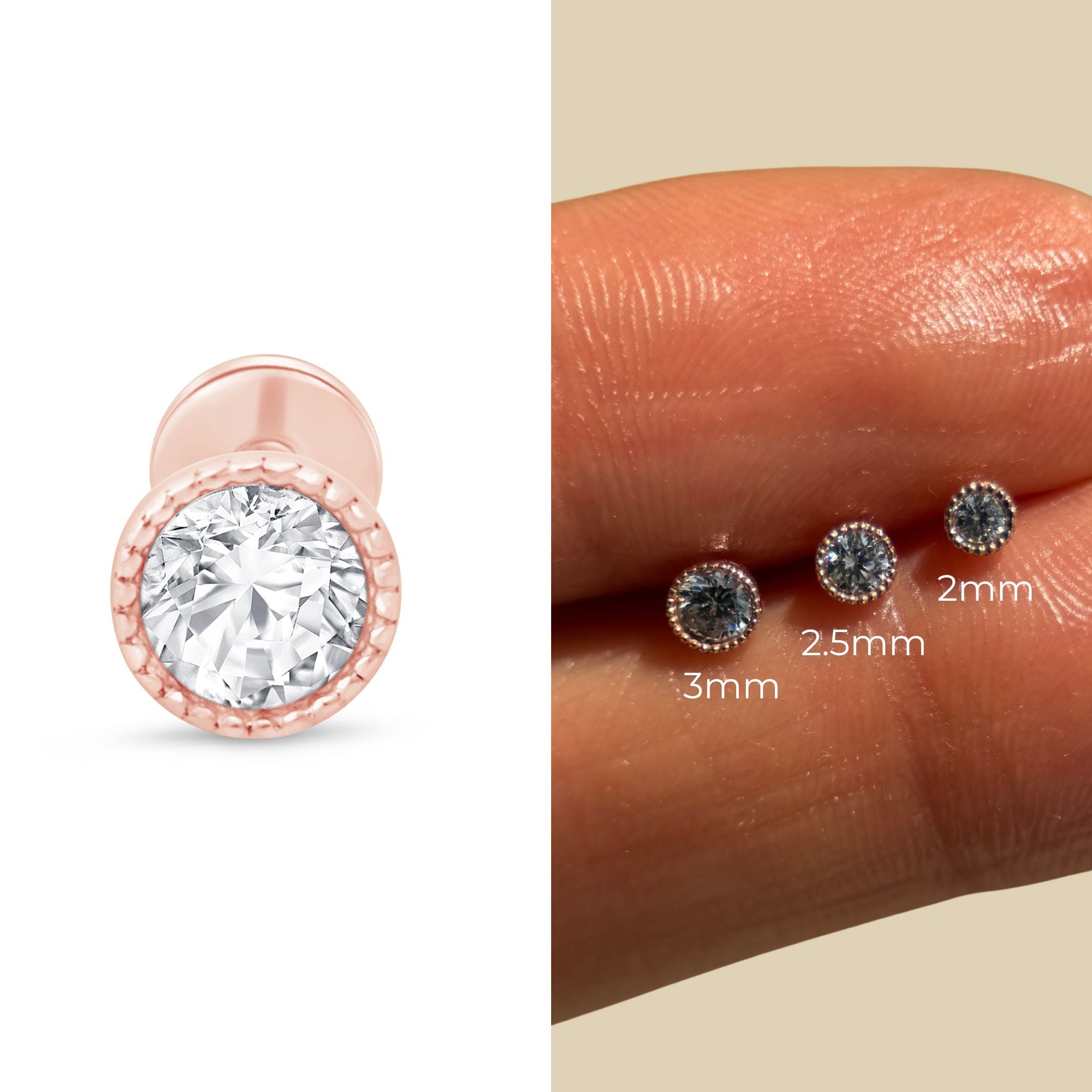 Gemstone Flat Back Stud Milgrain Set in Solid 14k Rose Gold