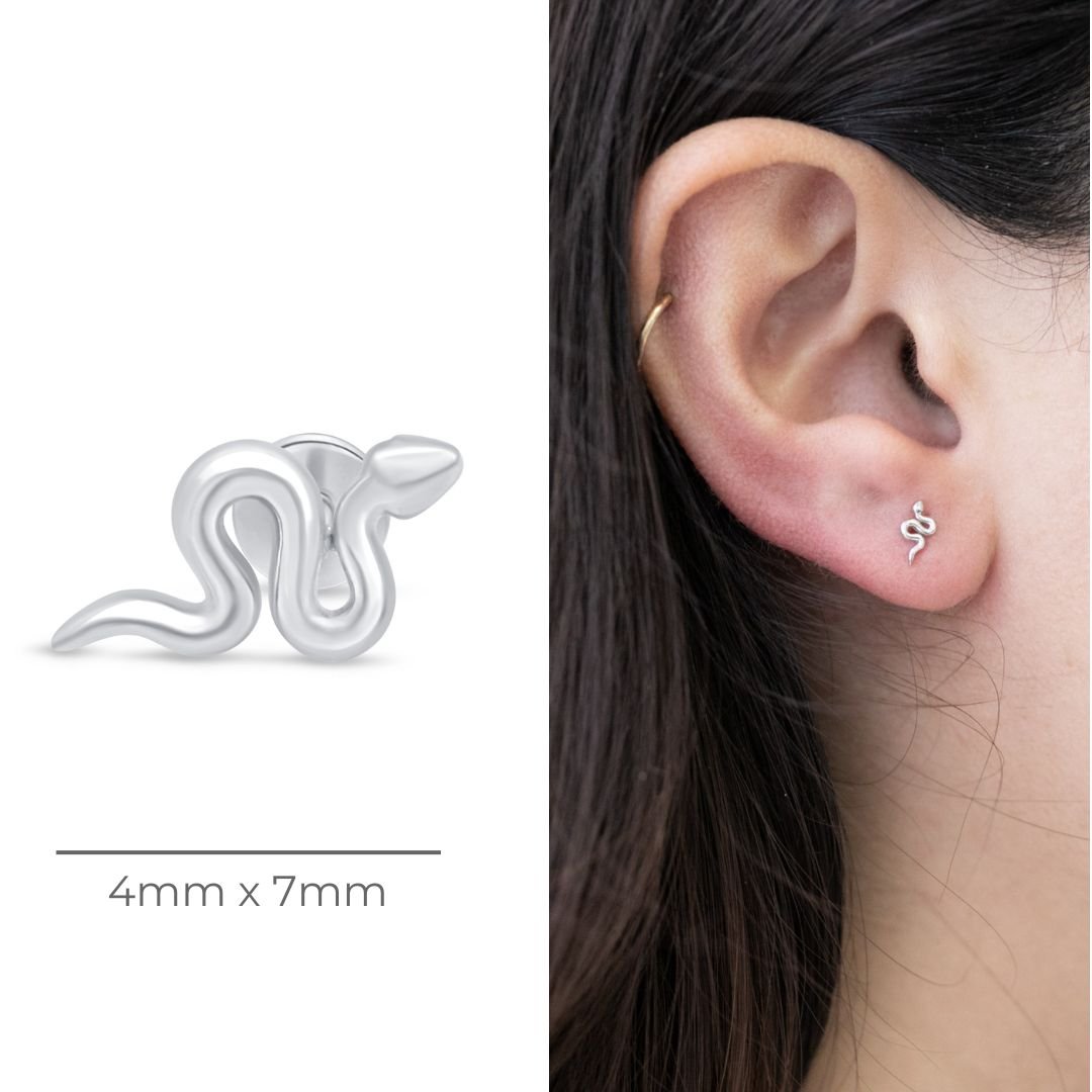 Snake Flat Back Stud in Solid 14k White Gold