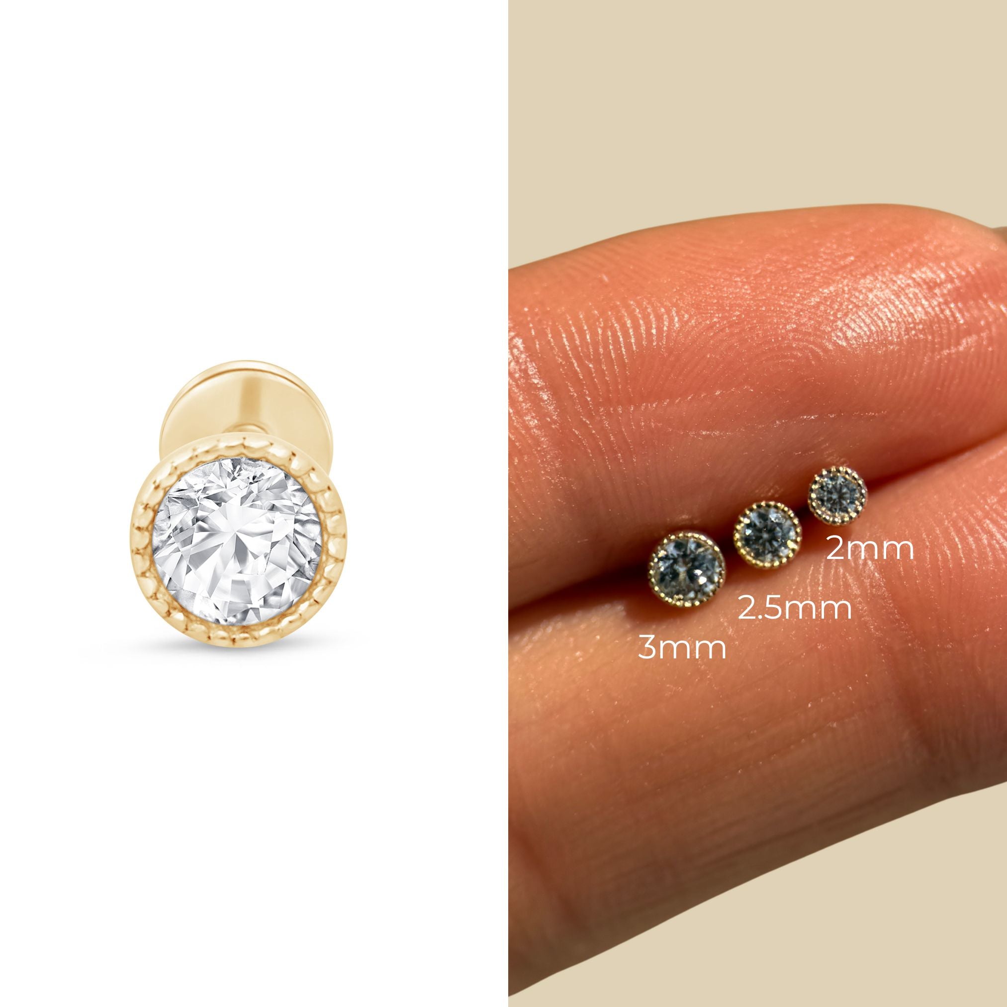 Gemstone Flat Back Stud Milgrain Set in Solid 14k Yellow Gold