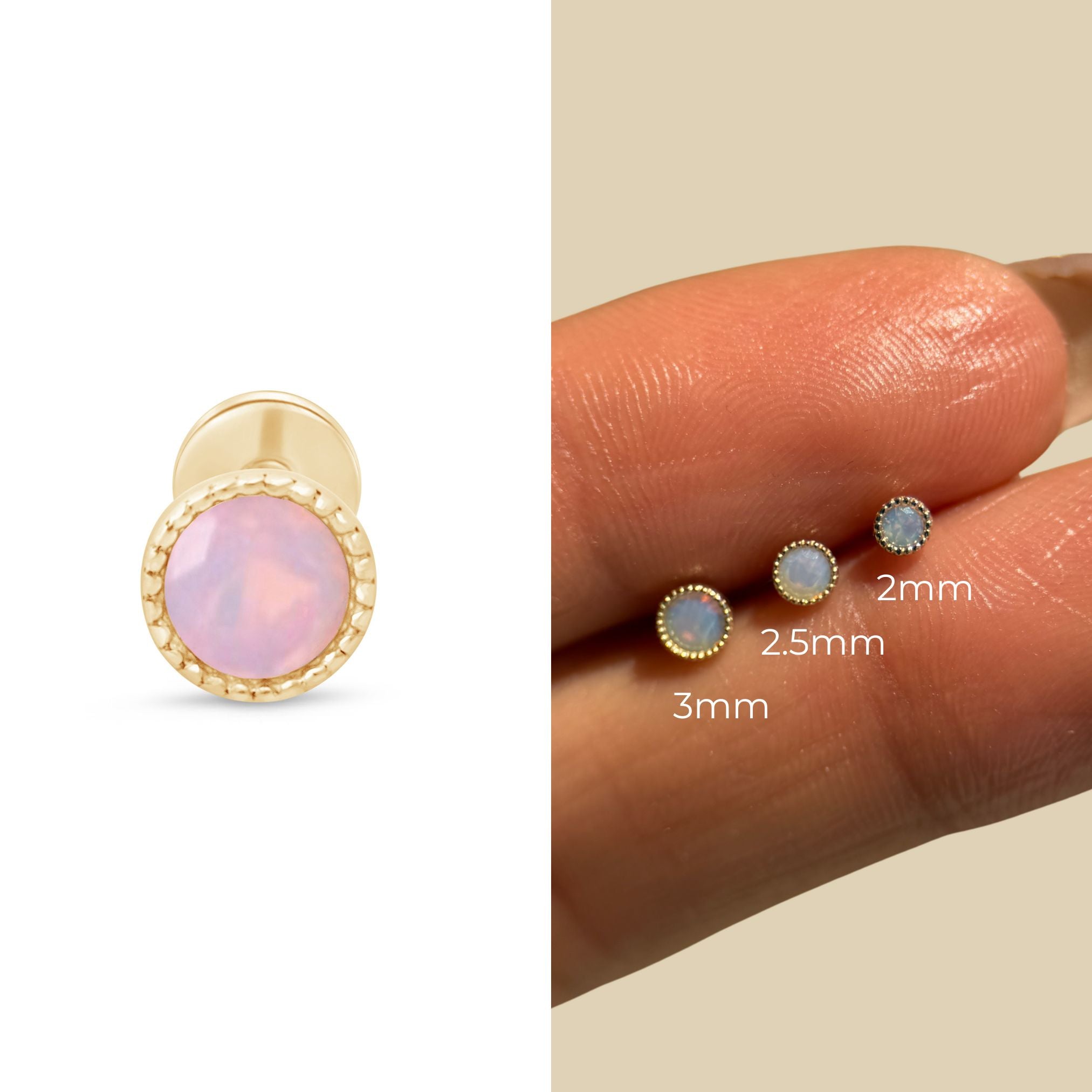 Pink Opal Flat Back Stud Milgrain Set in Solid 14k Yellow Gold