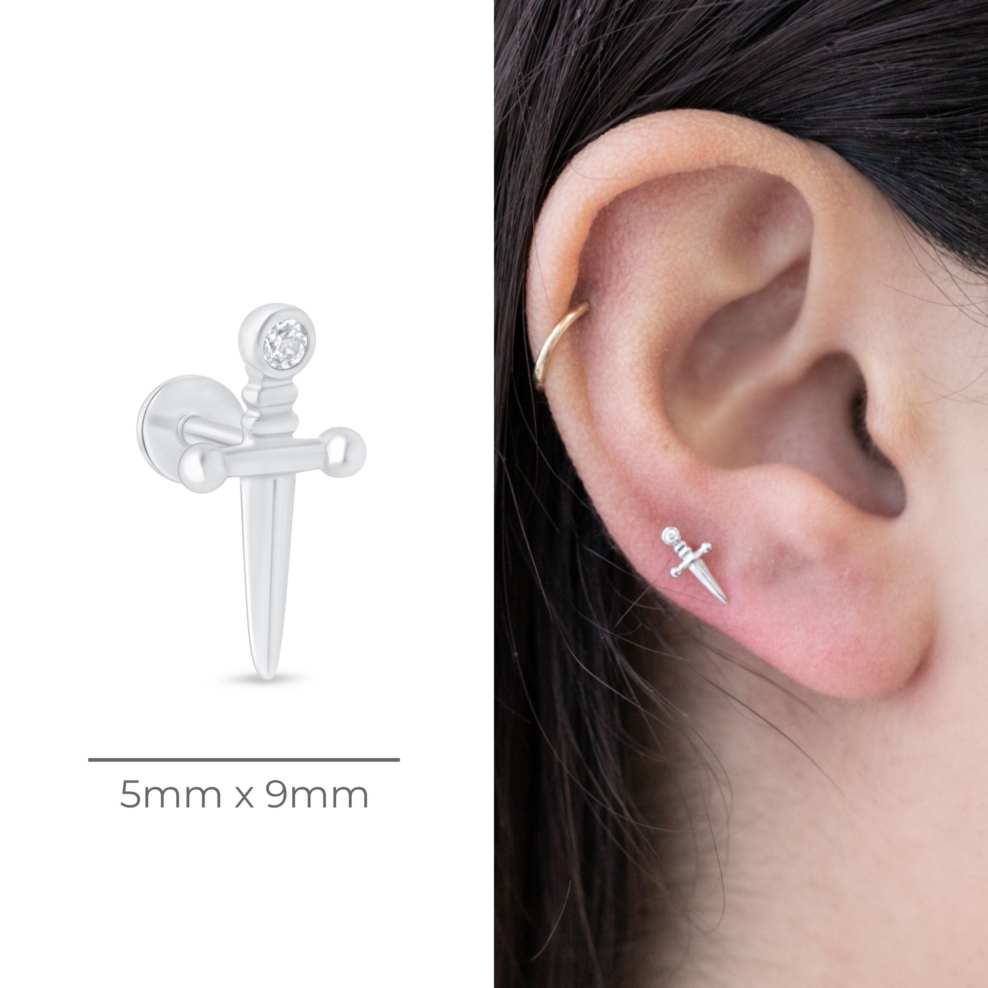 Dagger Flat Back Stud in Solid 14k White Gold