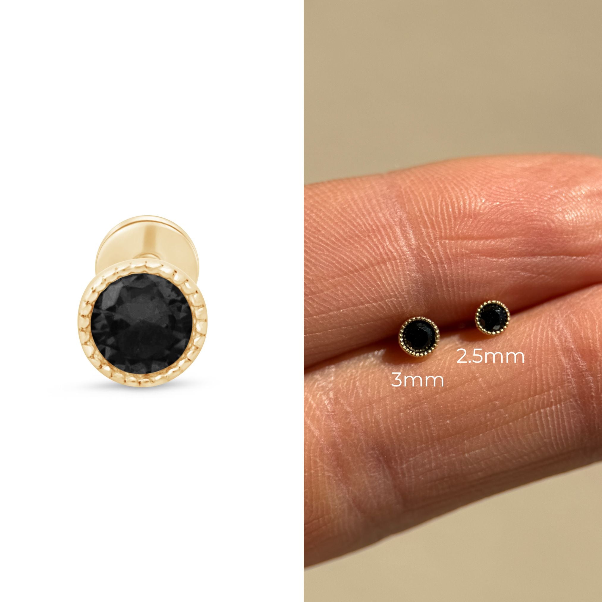 Black Onyx Flat Back Stud Milgrain Set in Solid 14k Yellow Gold