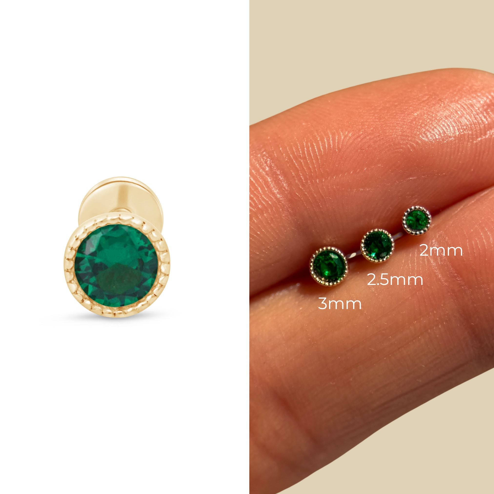 Emerald Flat Back Stud Milgrain Set in Solid 14k Yellow Gold