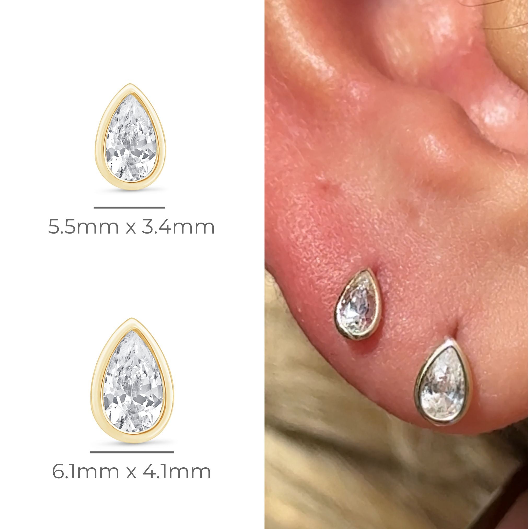 Pear Gemstone Flat Back Stud Bezel Set in Solid 14k Yellow Gold