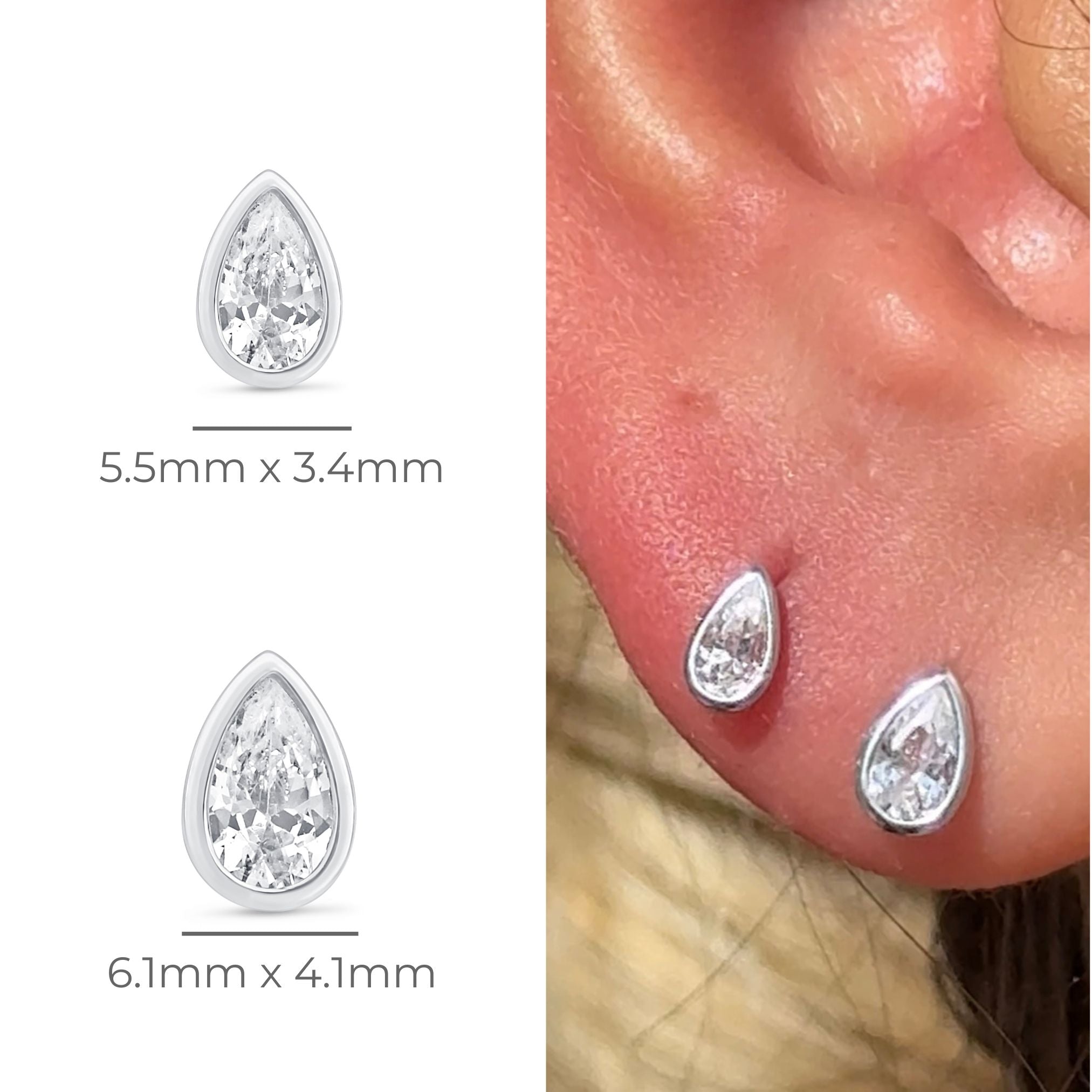 Pear Gemstone Flat Back Stud Bezel Set in Solid 14k White Gold
