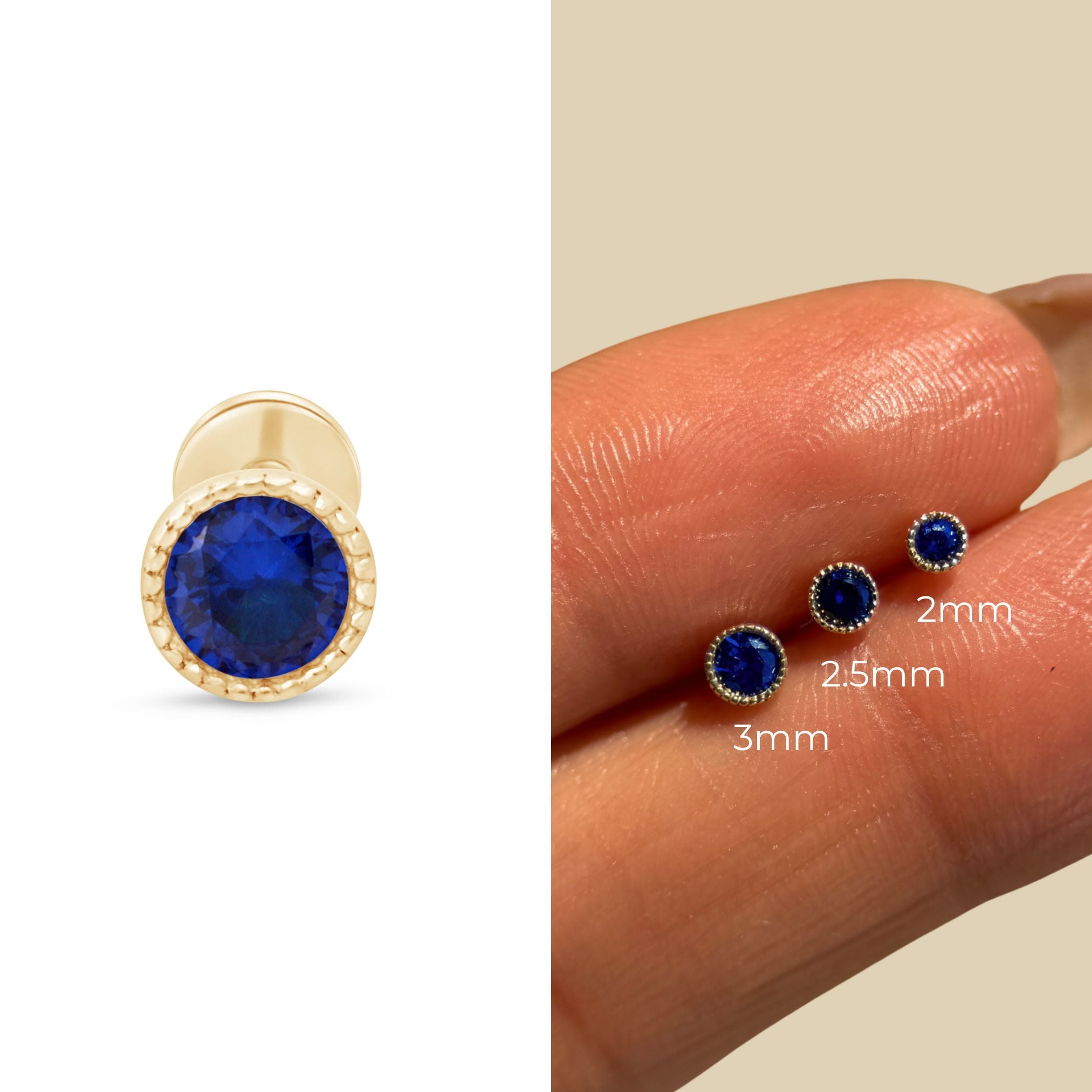 Blue Sapphire Flat Back Stud Milgrain Set in Solid 14k Yellow Gold
