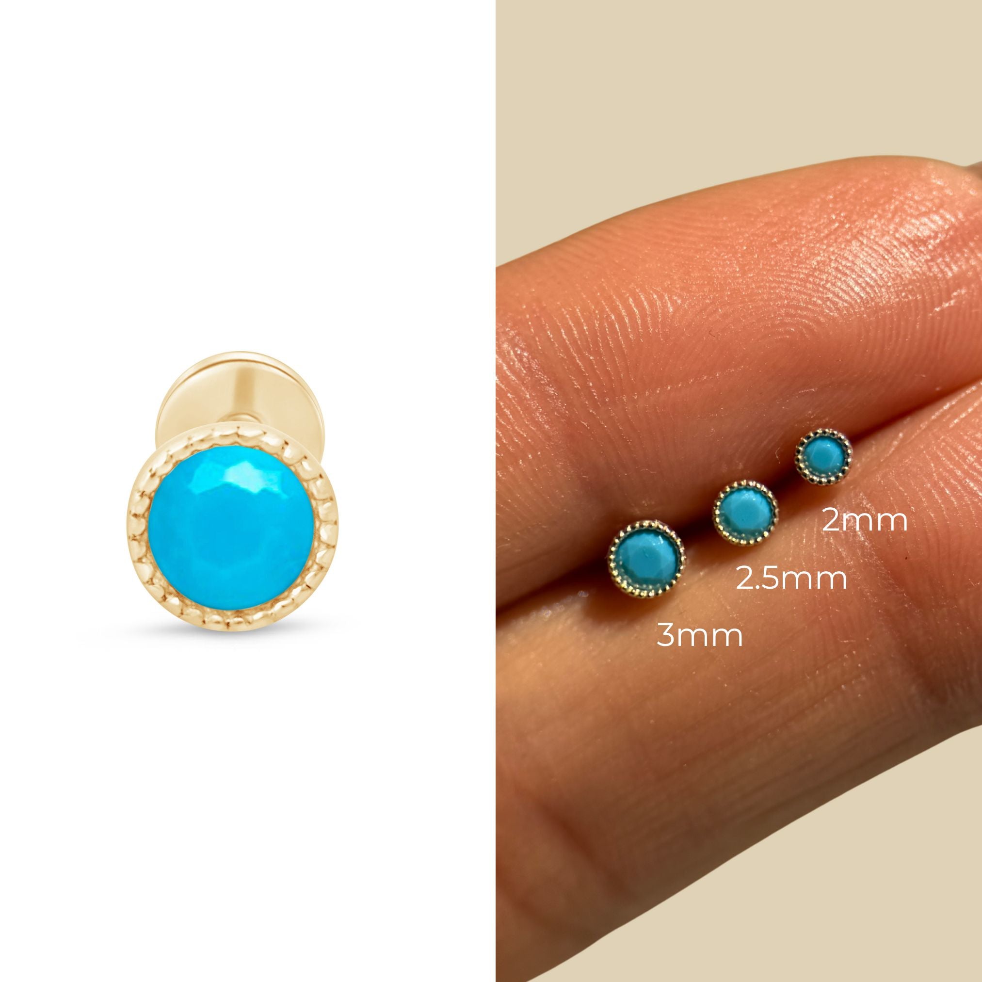 Turquoise Flat Back Stud Milgrain Set in Solid 14k Yellow Gold
