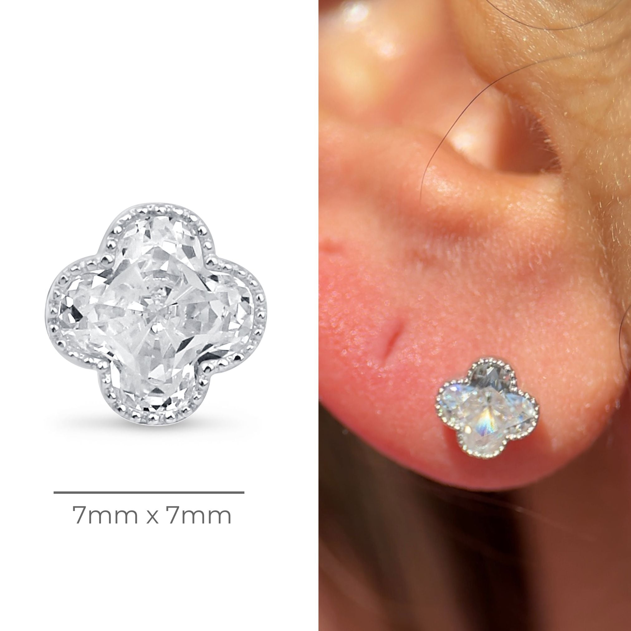 Gemstone Clover Flat Back Stud Milgrain Set in Solid 14k White Gold