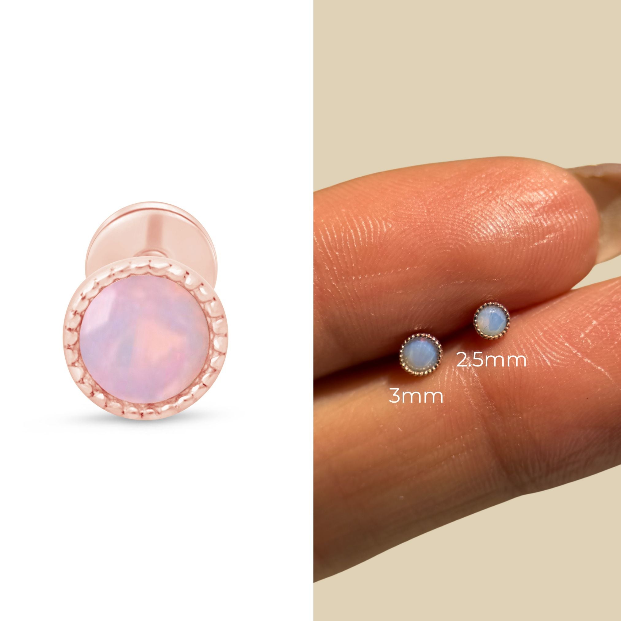 Pink Opal Flat Back Stud Milgrain Set in Solid 14k Rose Gold