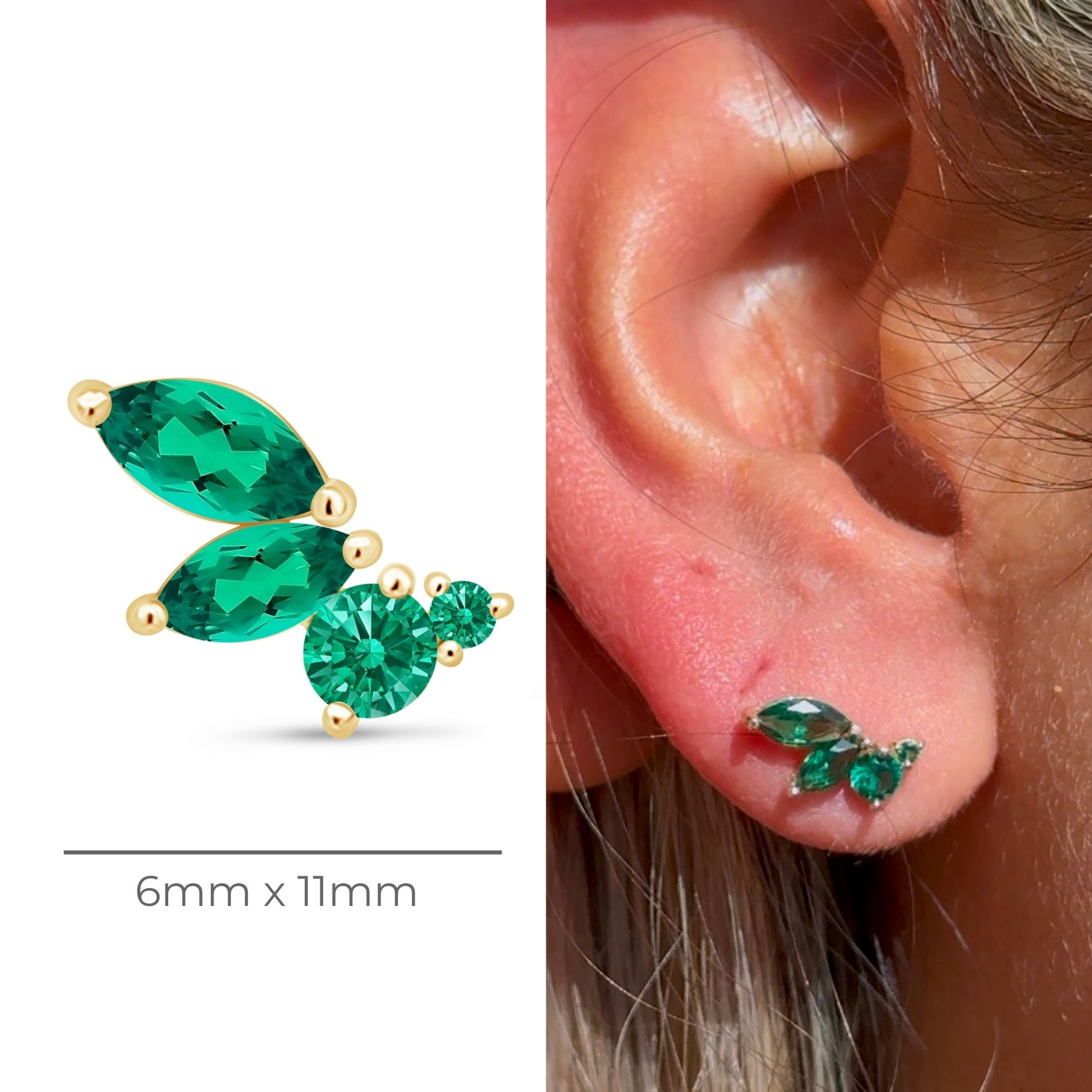 Green Emerald Marquise Wing Flat Back Stud in Solid 14k Yellow Gold