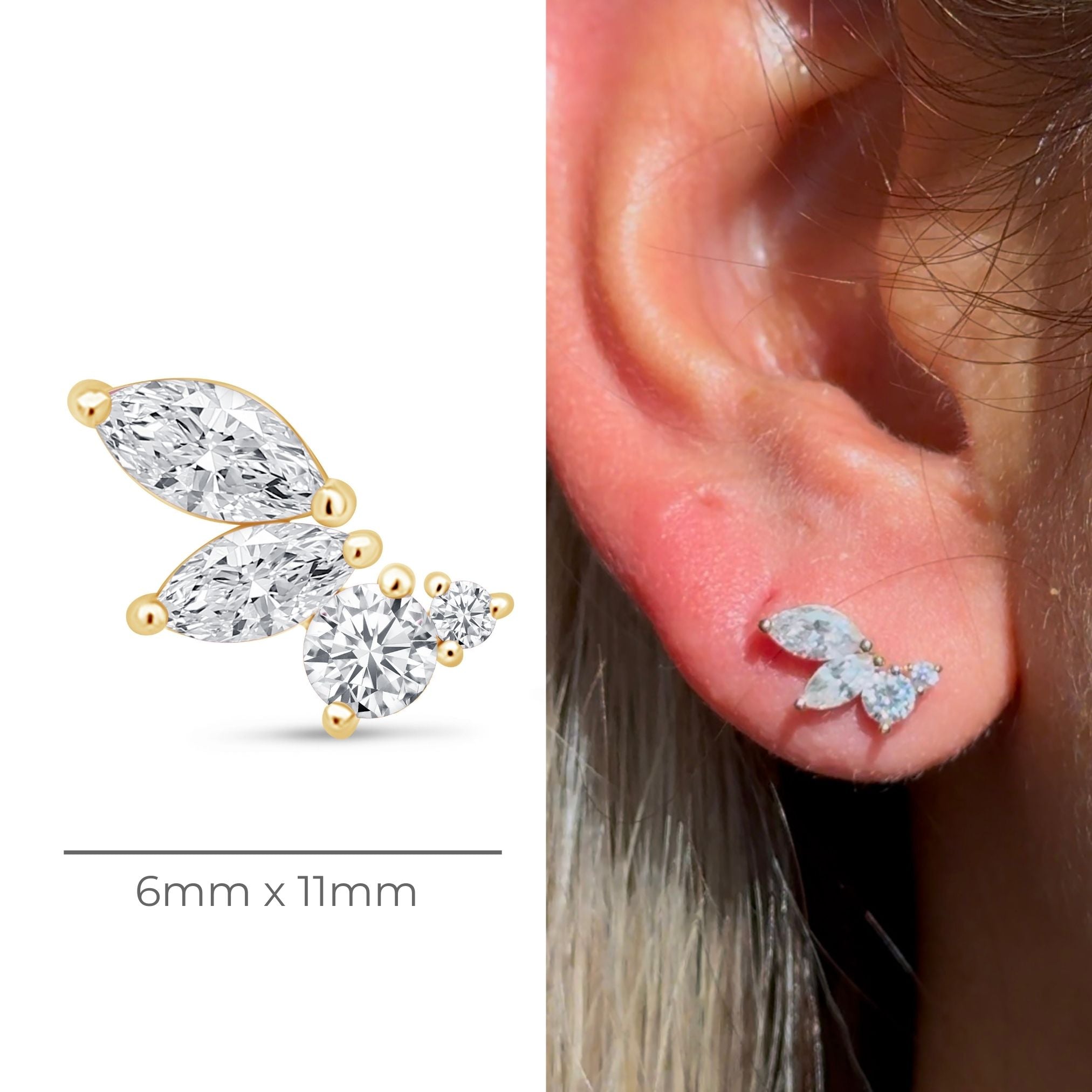 Marquise Angel Wing Flat Back Stud in Solid 14k Yellow Gold