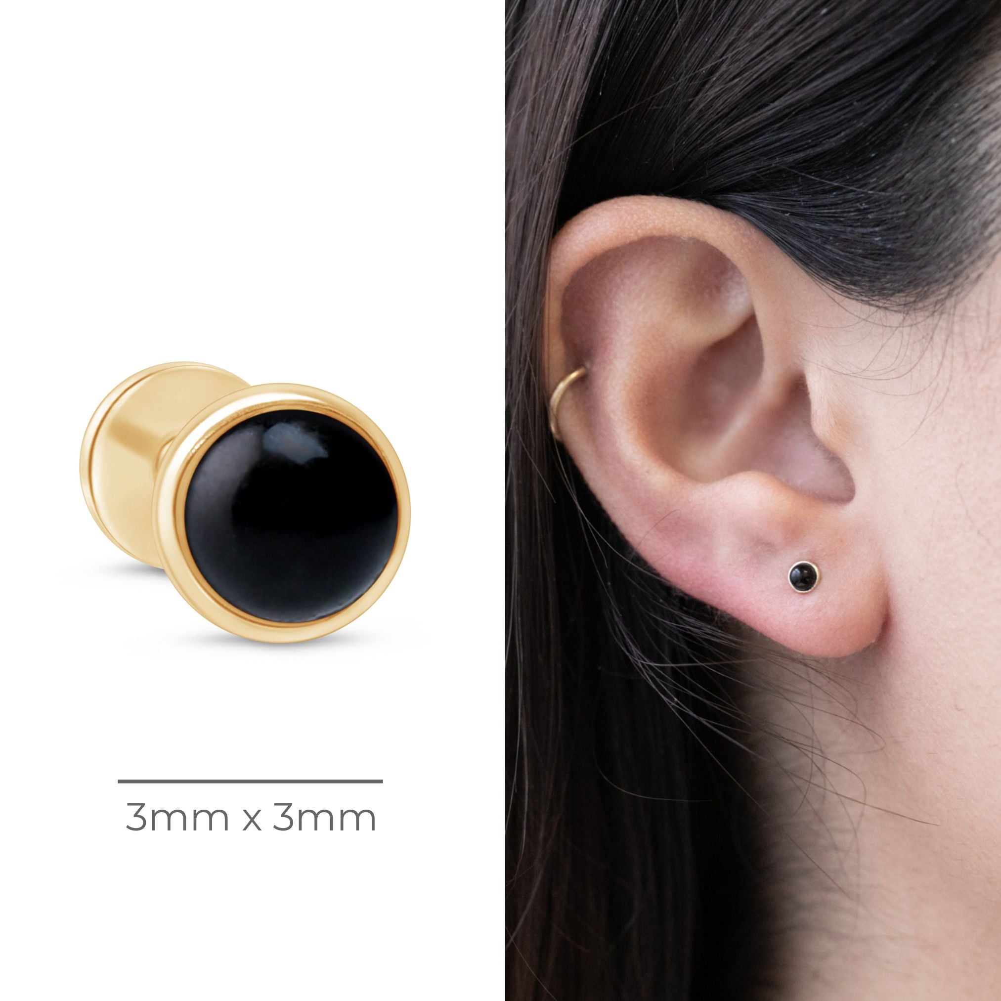 Round Cabochon Black Onyx Flat Back Stud Bezel Set in Solid 14k Yellow Gold