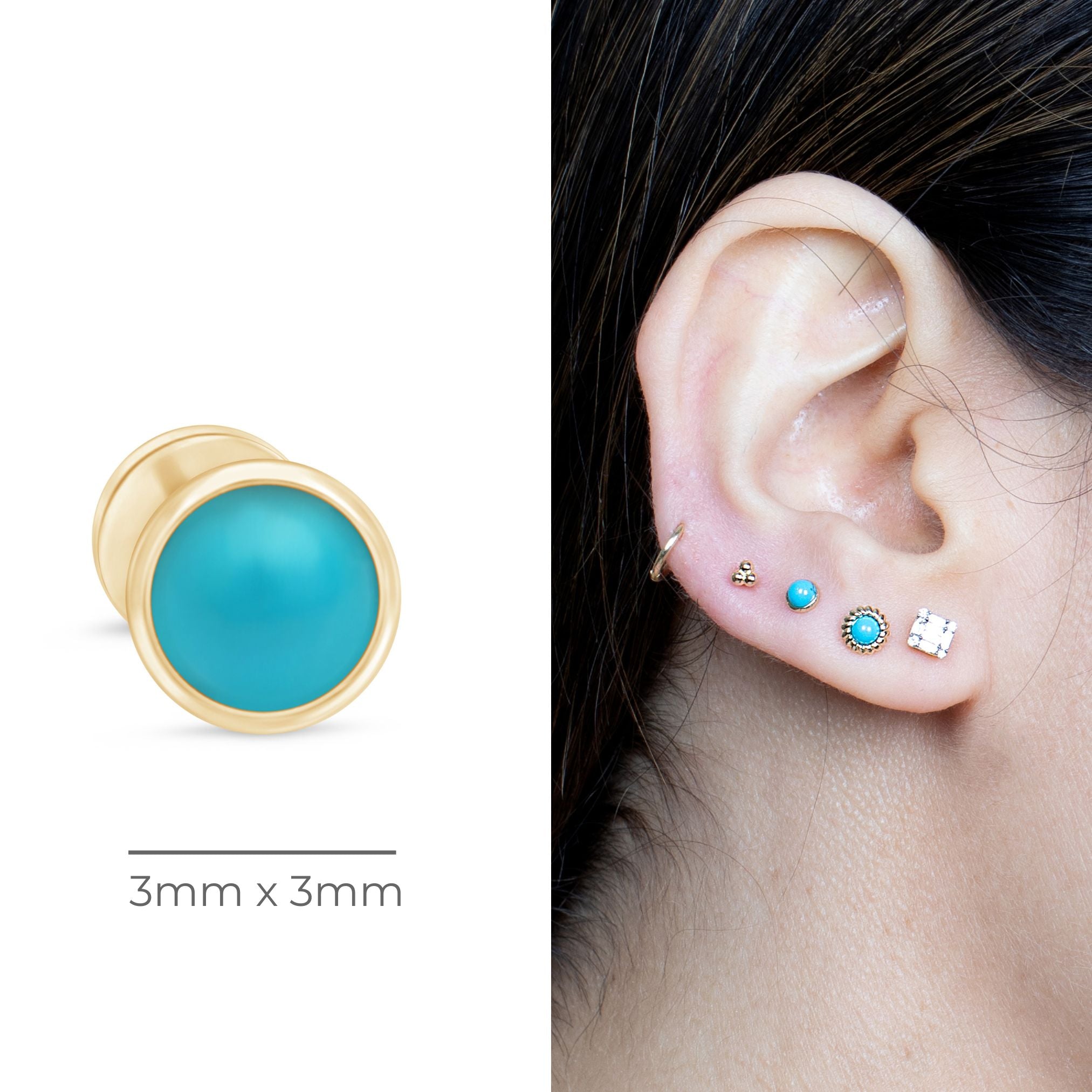 Round Turquoise Cabochon Flat Back Stud Bezel Set in Solid 14k Yellow Gold