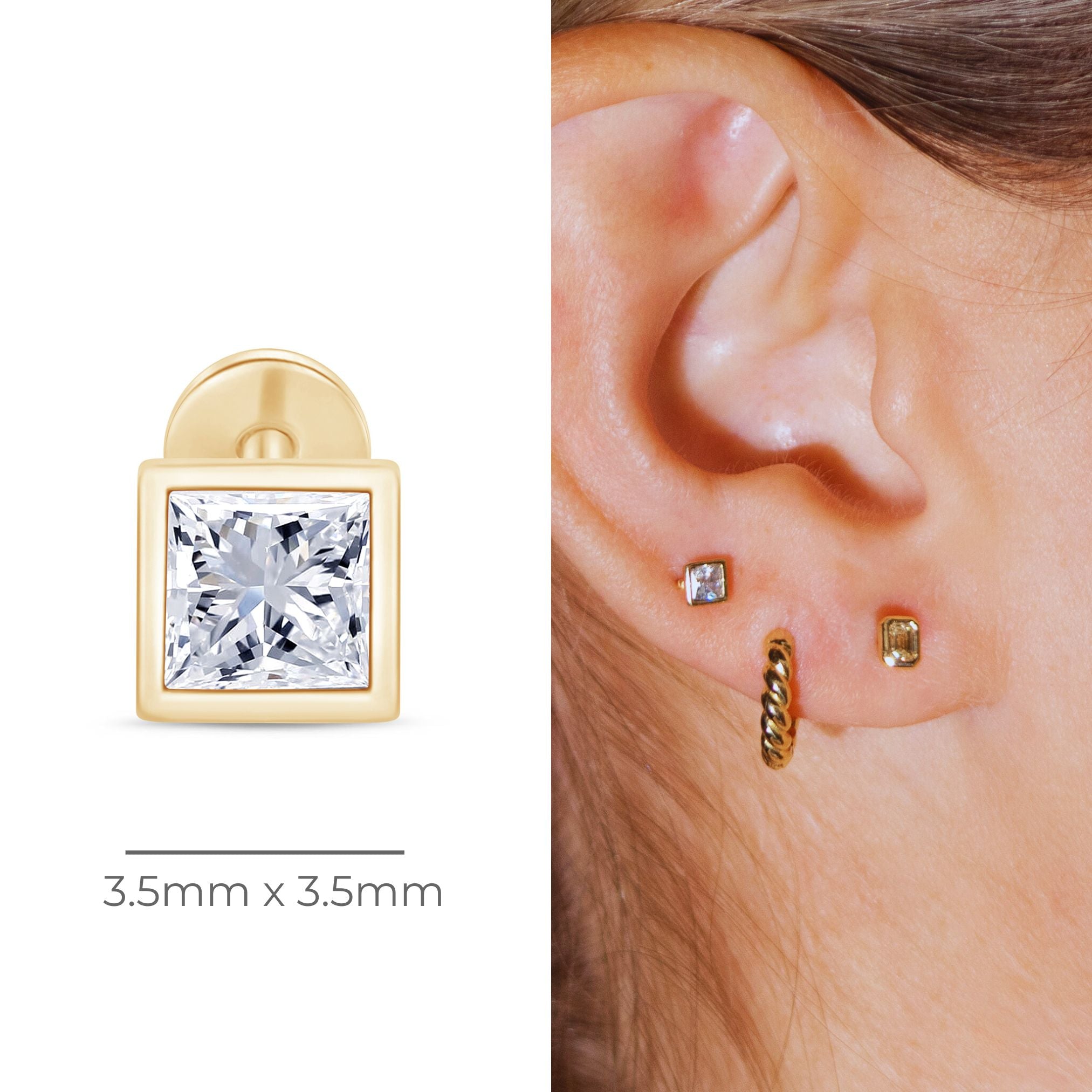 Princess Cut Gemstone Flat Back Stud Bezel Set Solid 14k Yellow Gold